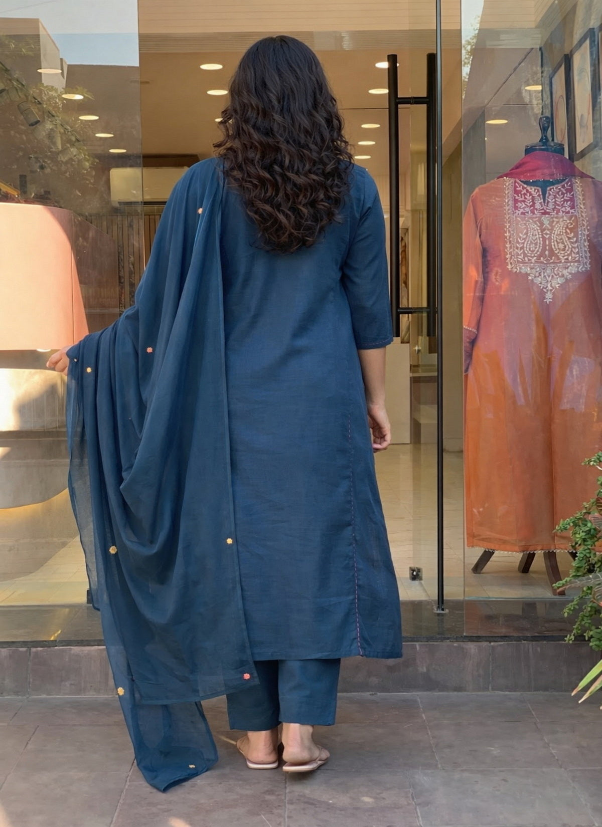 Elegant Teal Rayon Slub Embroidered Kurti Set with Chanderi Dupatta (3-Piece Set)