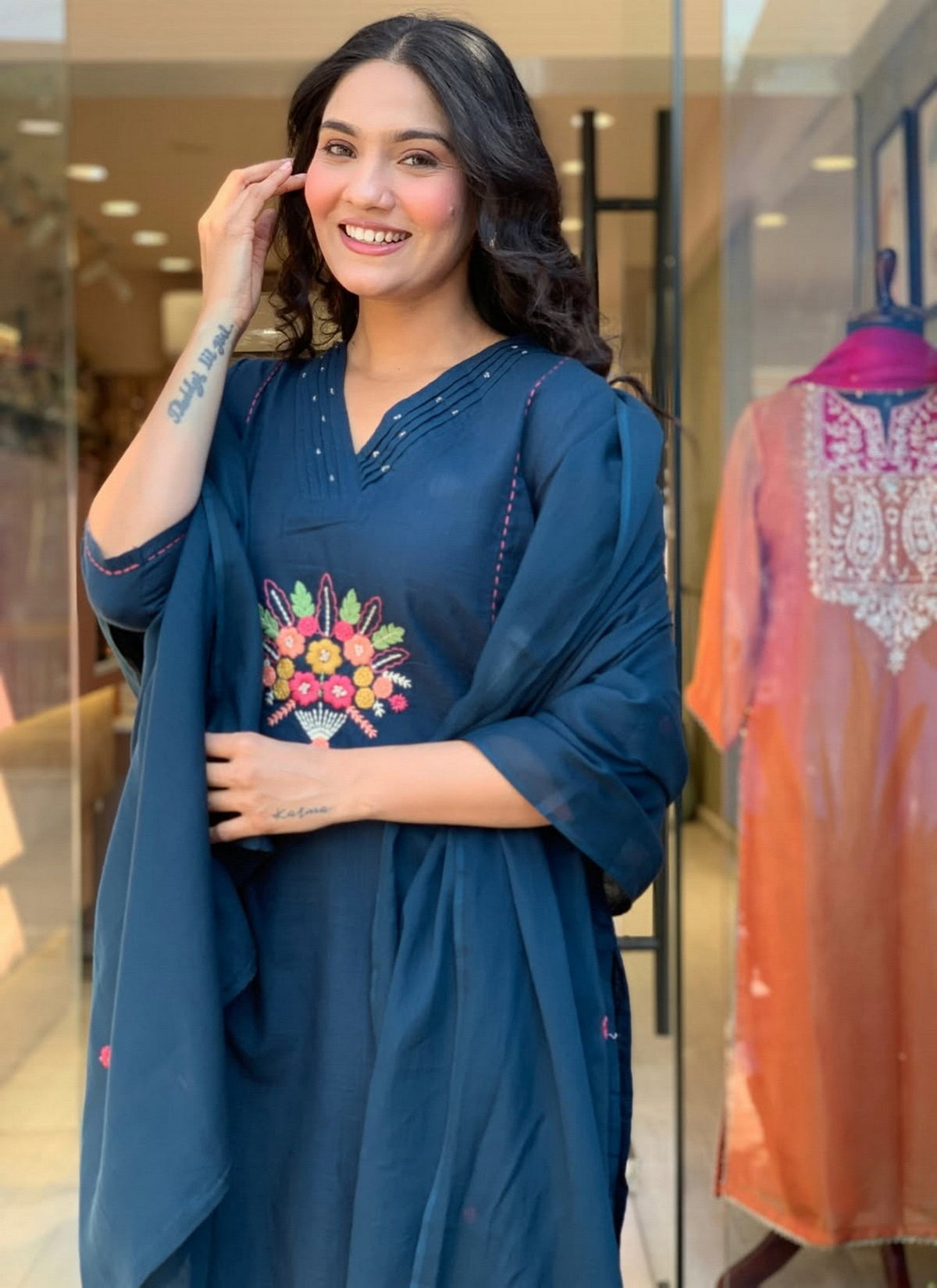 Elegant Teal Rayon Slub Embroidered Kurti Set with Chanderi Dupatta (3-Piece Set)