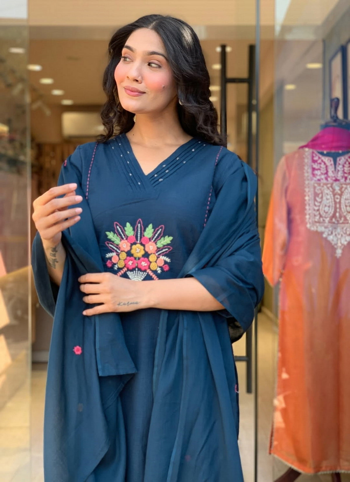 Elegant Teal Rayon Slub Embroidered Kurti Set with Chanderi Dupatta (3-Piece Set)