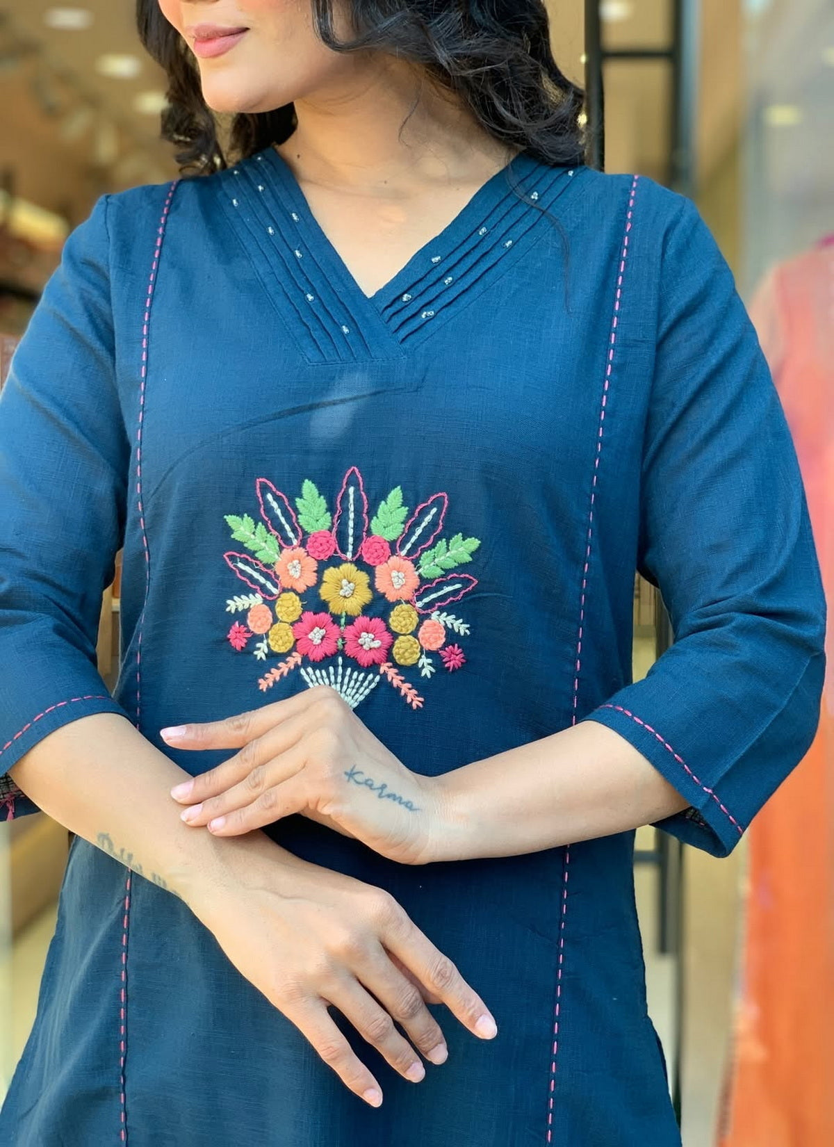 Elegant Teal Rayon Slub Embroidered Kurti Set with Chanderi Dupatta (3-Piece Set)