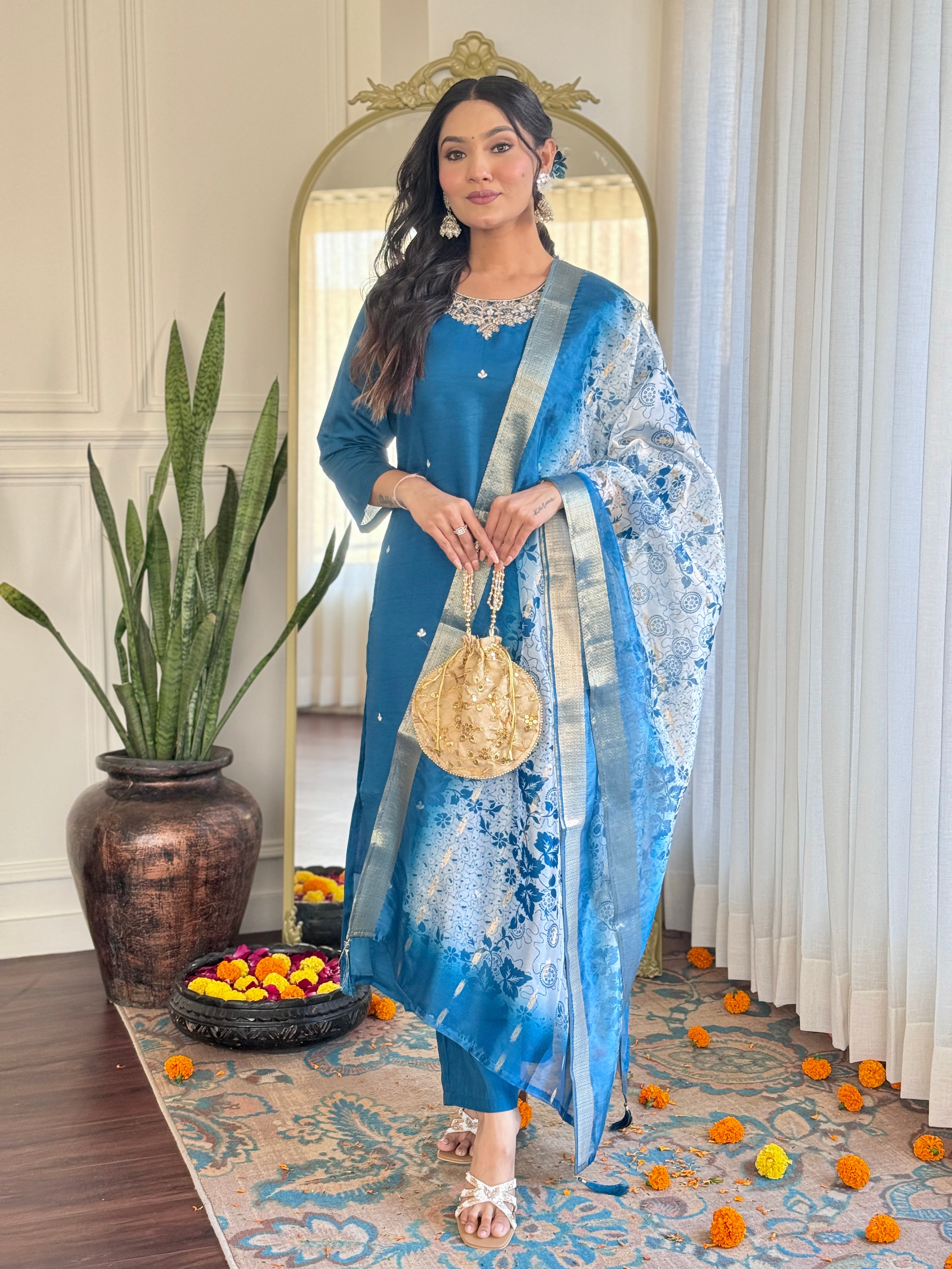 Elegant Teal Blue Roman Silk Embroidered Kurti Set with Organza Jacquard Dupatta
