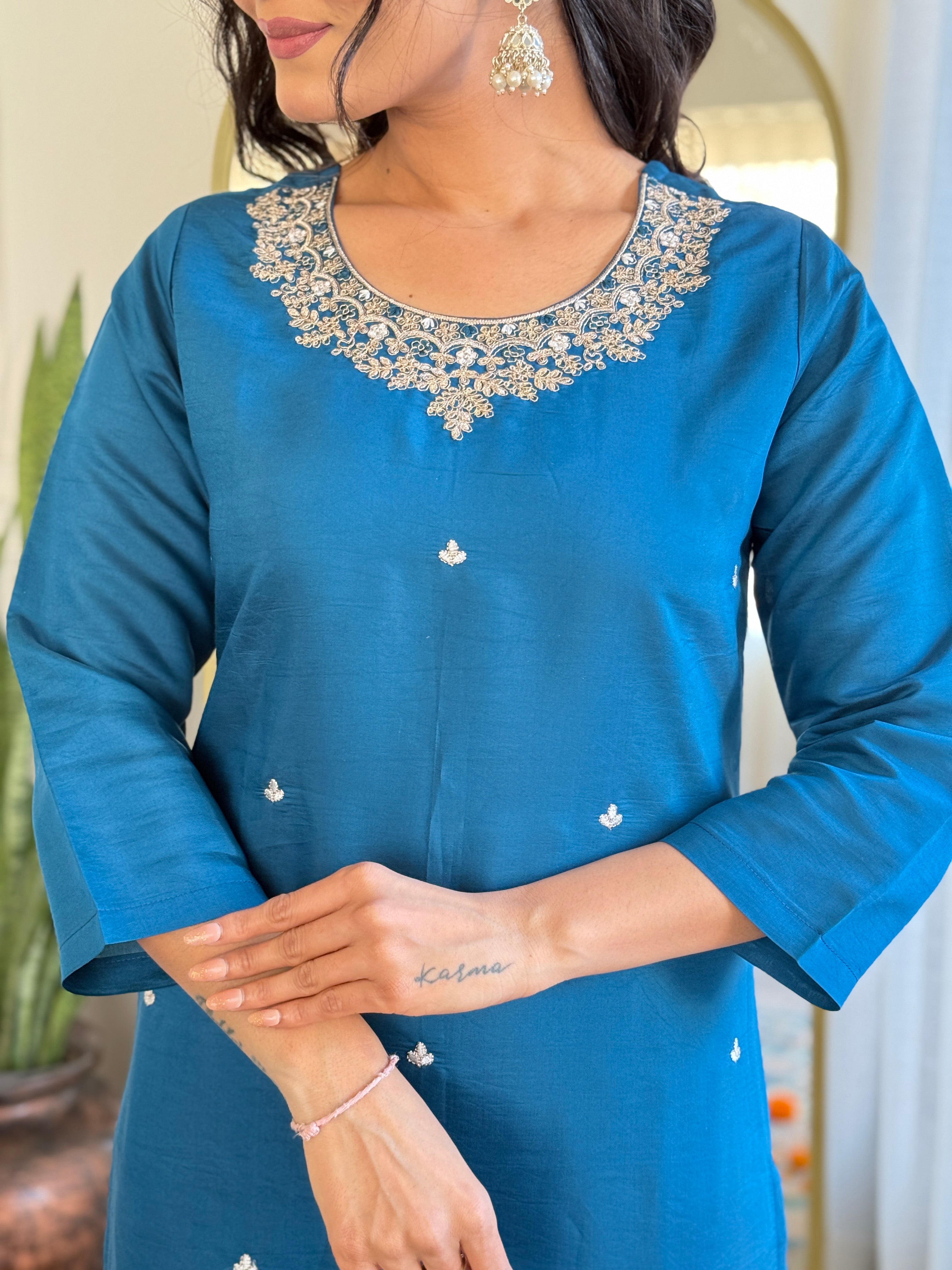 Elegant Teal Blue Roman Silk Embroidered Kurti Set with Organza Jacquard Dupatta