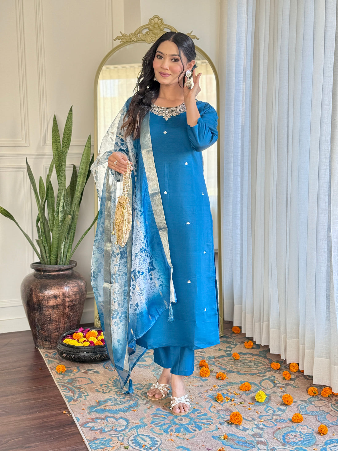 Elegant Teal Blue Roman Silk Embroidered Kurti Set with Organza Jacquard Dupatta