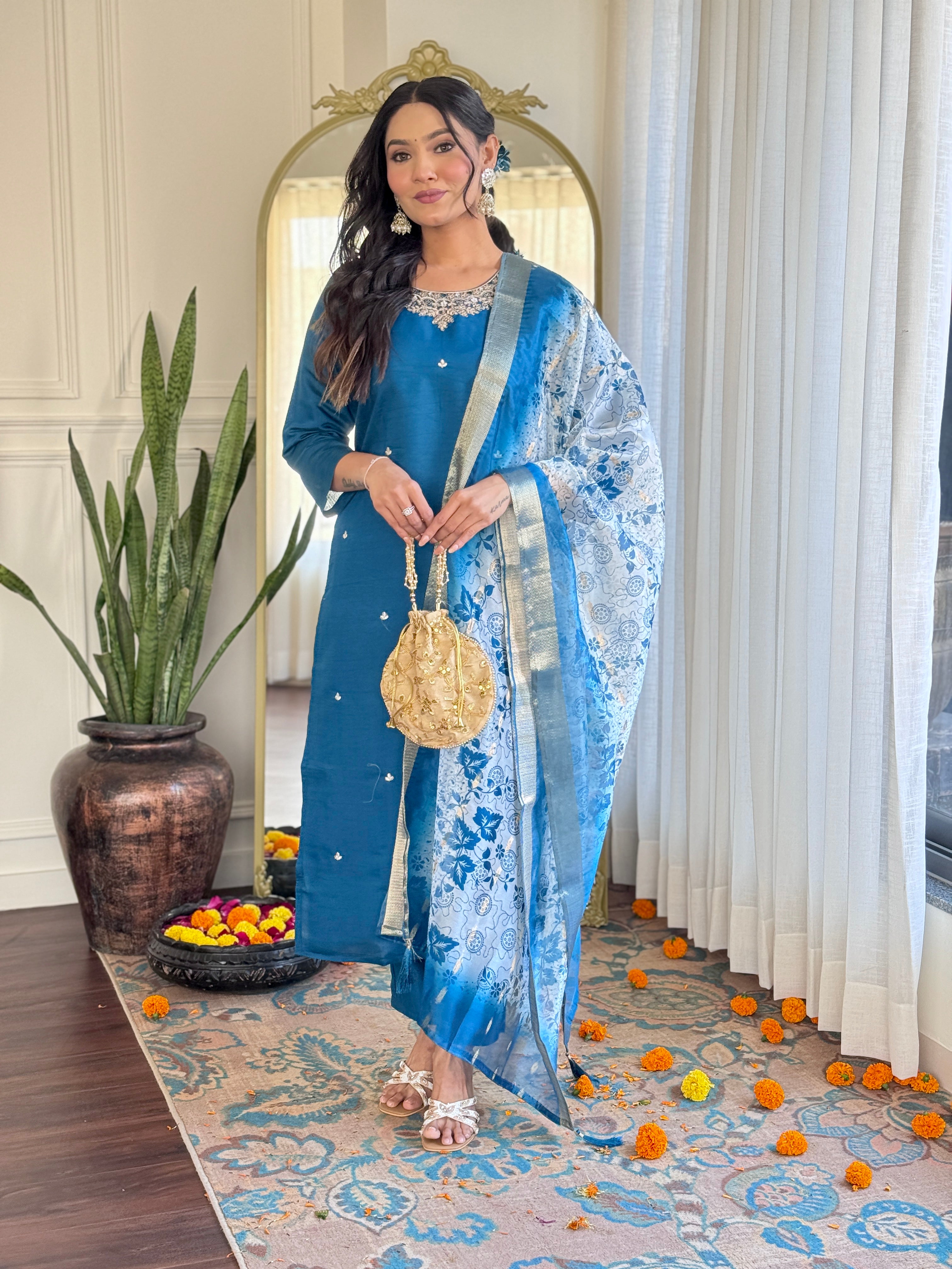 Elegant Teal Blue Roman Silk Embroidered Kurti Set with Organza Jacquard Dupatta