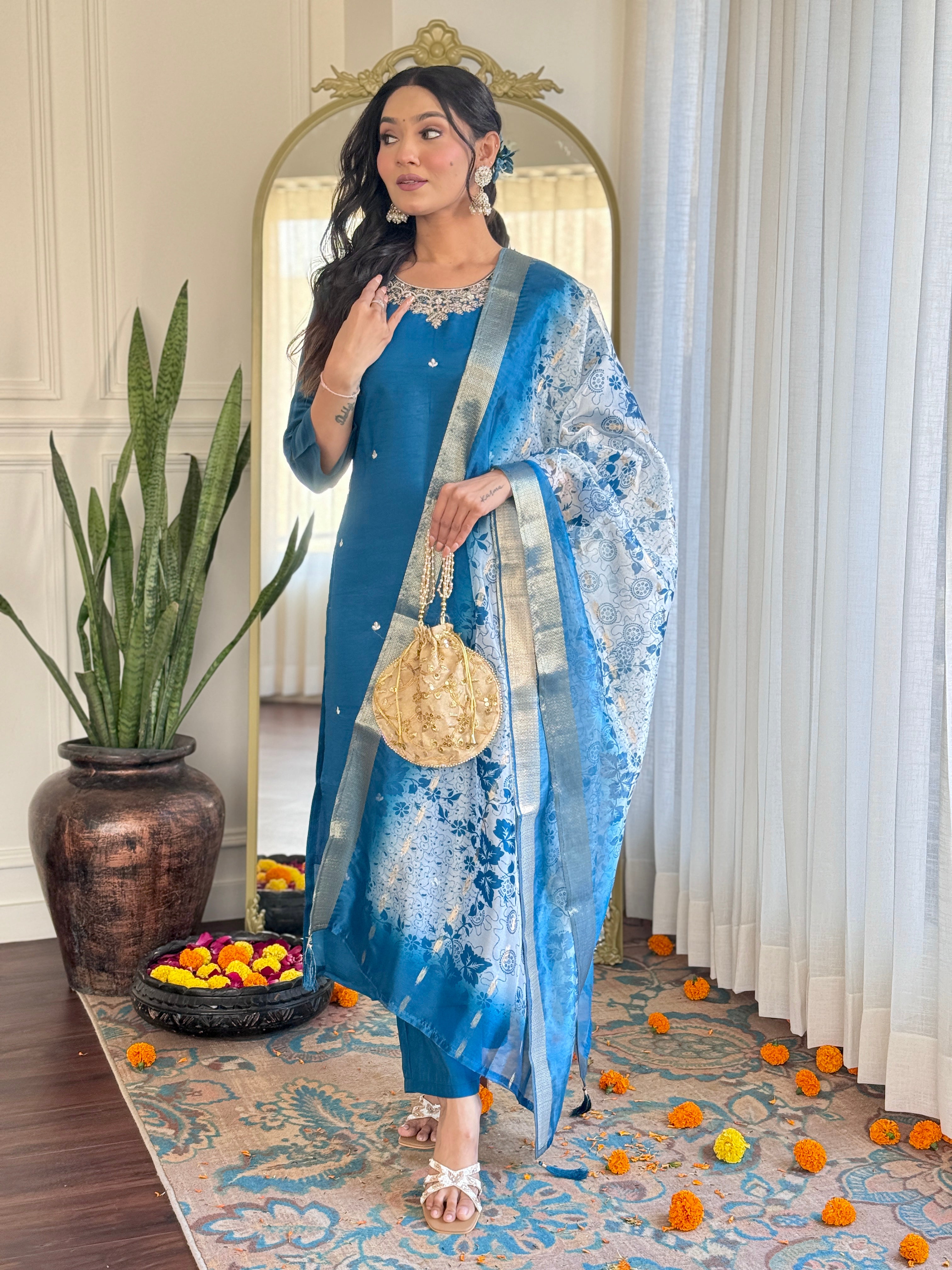 Elegant Teal Blue Roman Silk Embroidered Kurti Set with Organza Jacquard Dupatta