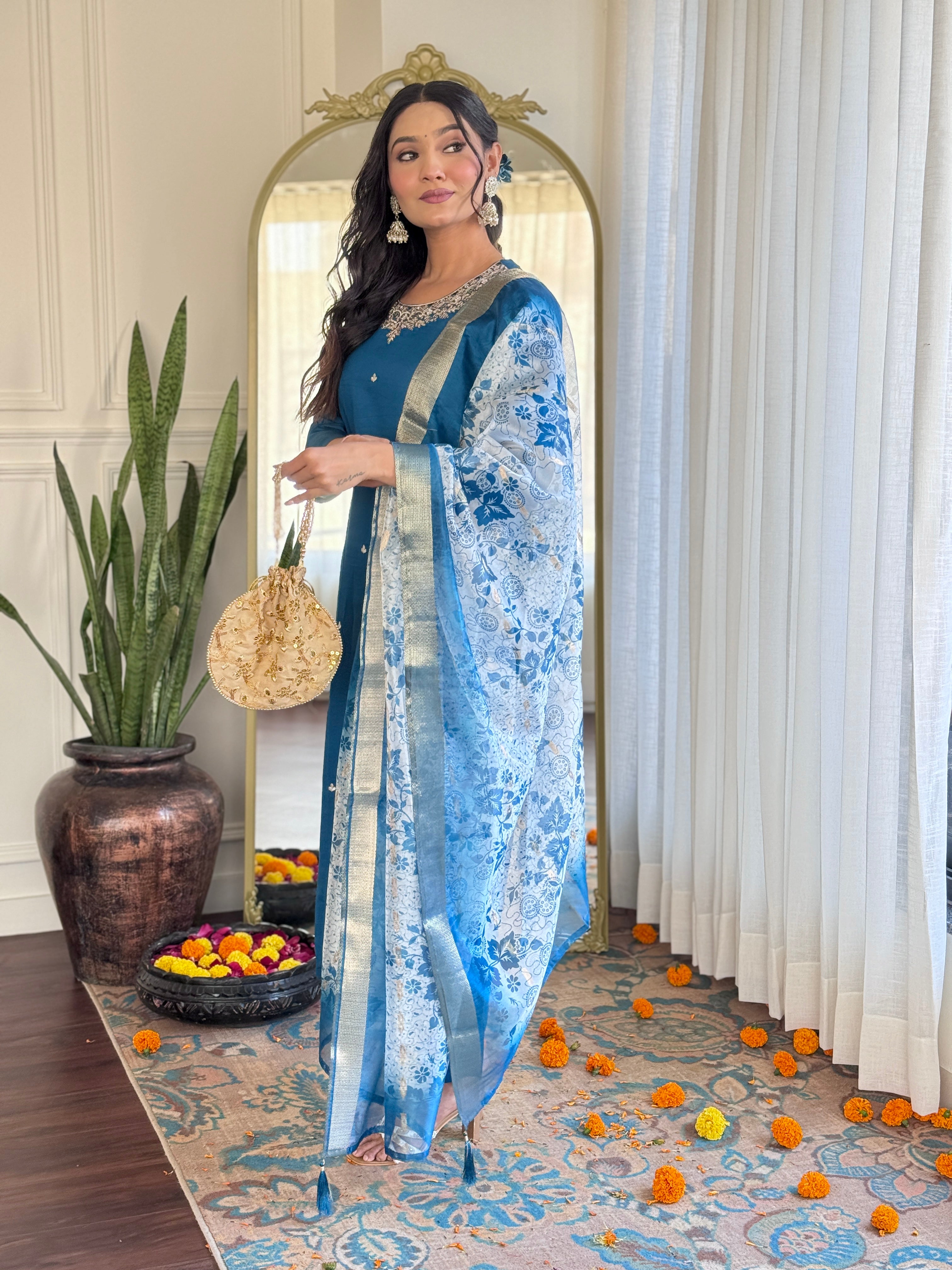 Elegant Teal Blue Roman Silk Embroidered Kurti Set with Organza Jacquard Dupatta