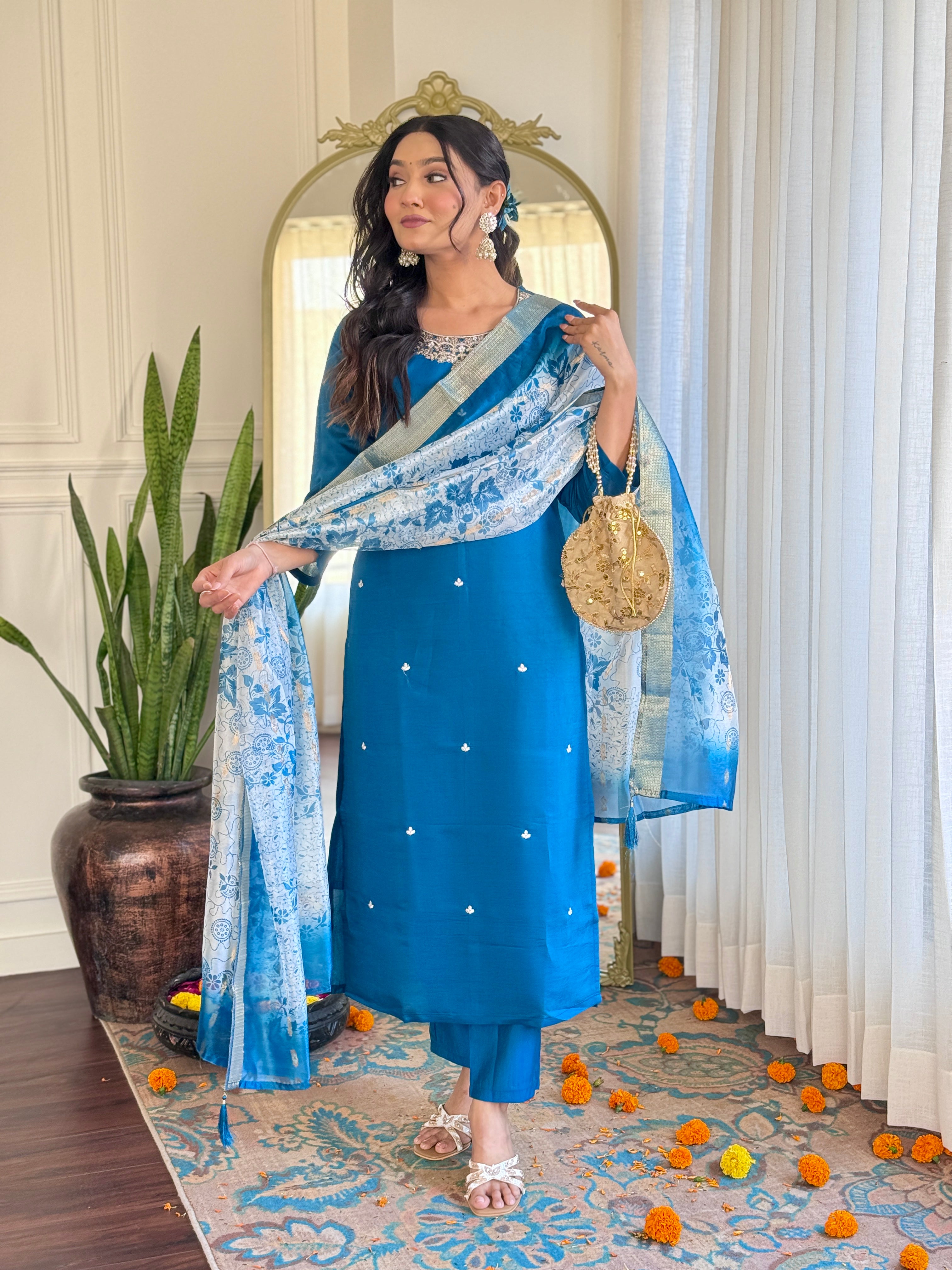 Elegant Teal Blue Roman Silk Embroidered Kurti Set with Organza Jacquard Dupatta