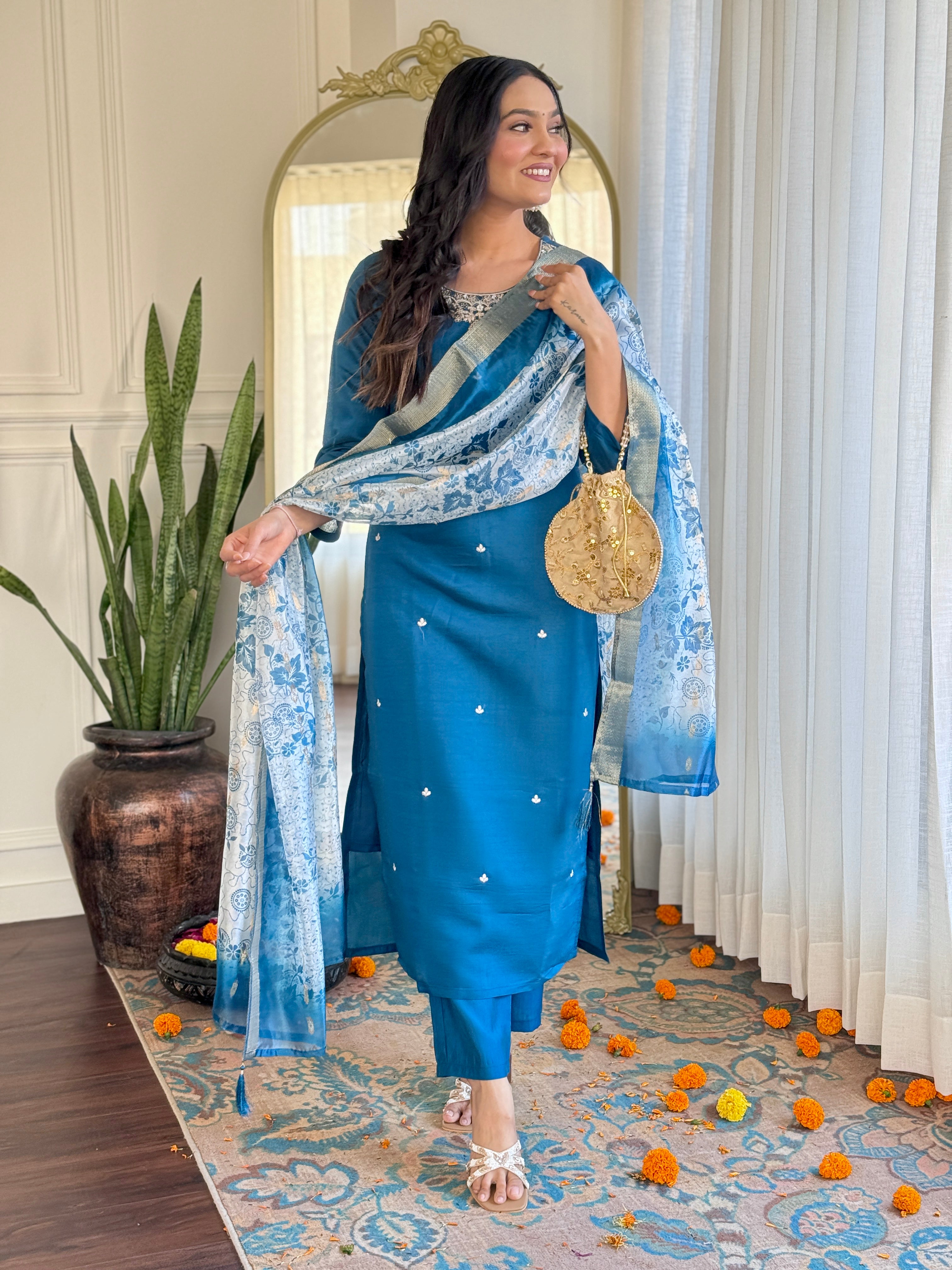 Elegant Teal Blue Roman Silk Embroidered Kurti Set with Organza Jacquard Dupatta