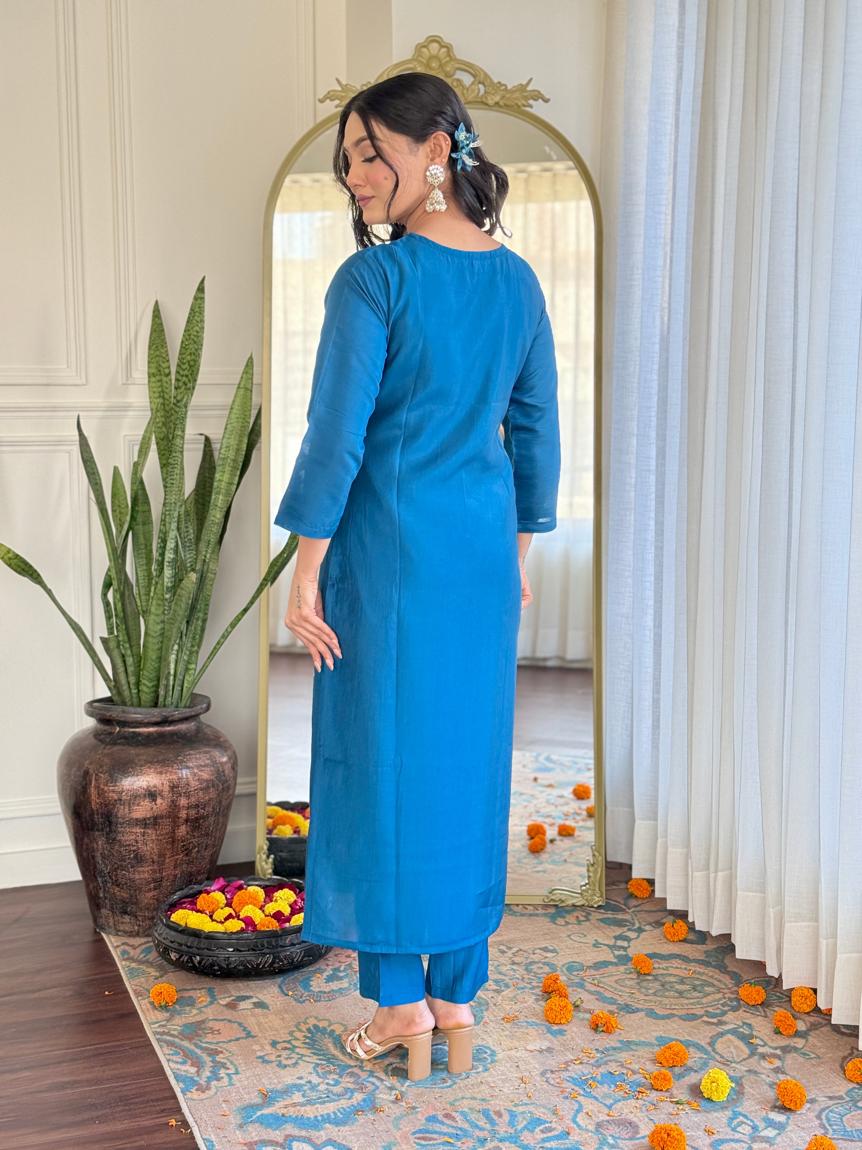 Elegant Teal Blue Roman Silk Embroidered Kurti Set with Organza Jacquard Dupatta