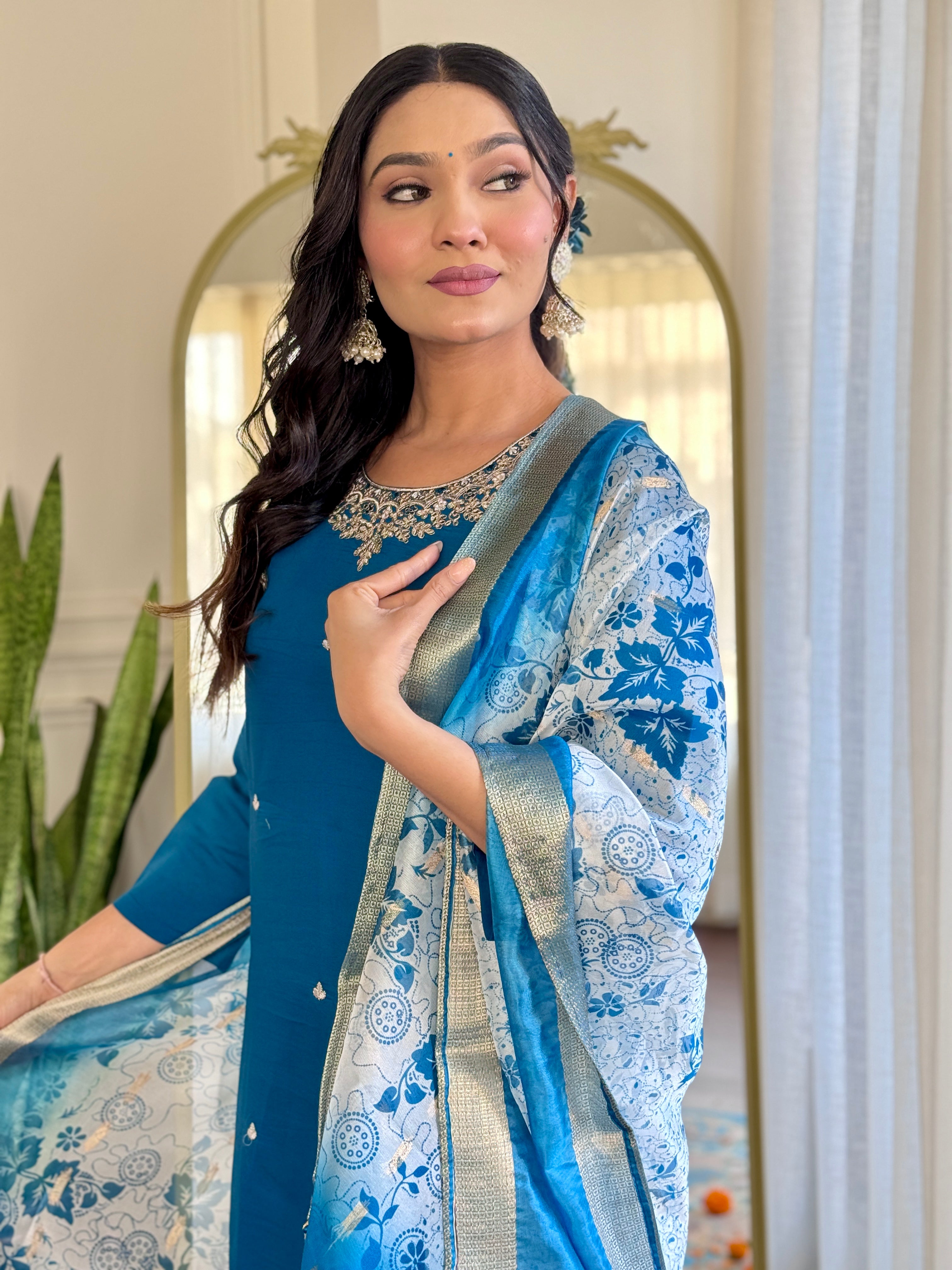 Elegant Teal Blue Roman Silk Embroidered Kurti Set with Organza Jacquard Dupatta
