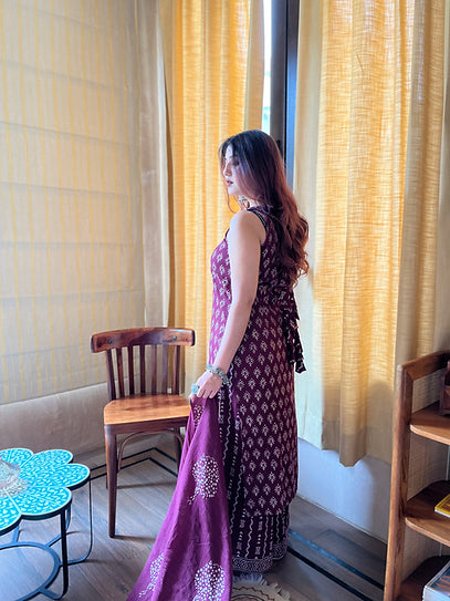 Elegant Purple Printed Rayon Slub Kurti Set with Chanderi Cotton Dupatta (S–XXL)