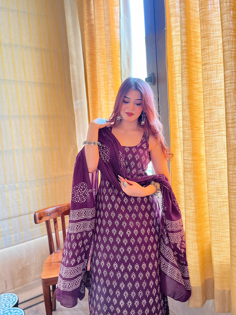Elegant Purple Printed Rayon Slub Kurti Set with Chanderi Cotton Dupatta (S–XXL)