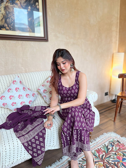 Elegant Purple Printed Rayon Slub Kurti Set with Chanderi Cotton Dupatta (S–XXL)