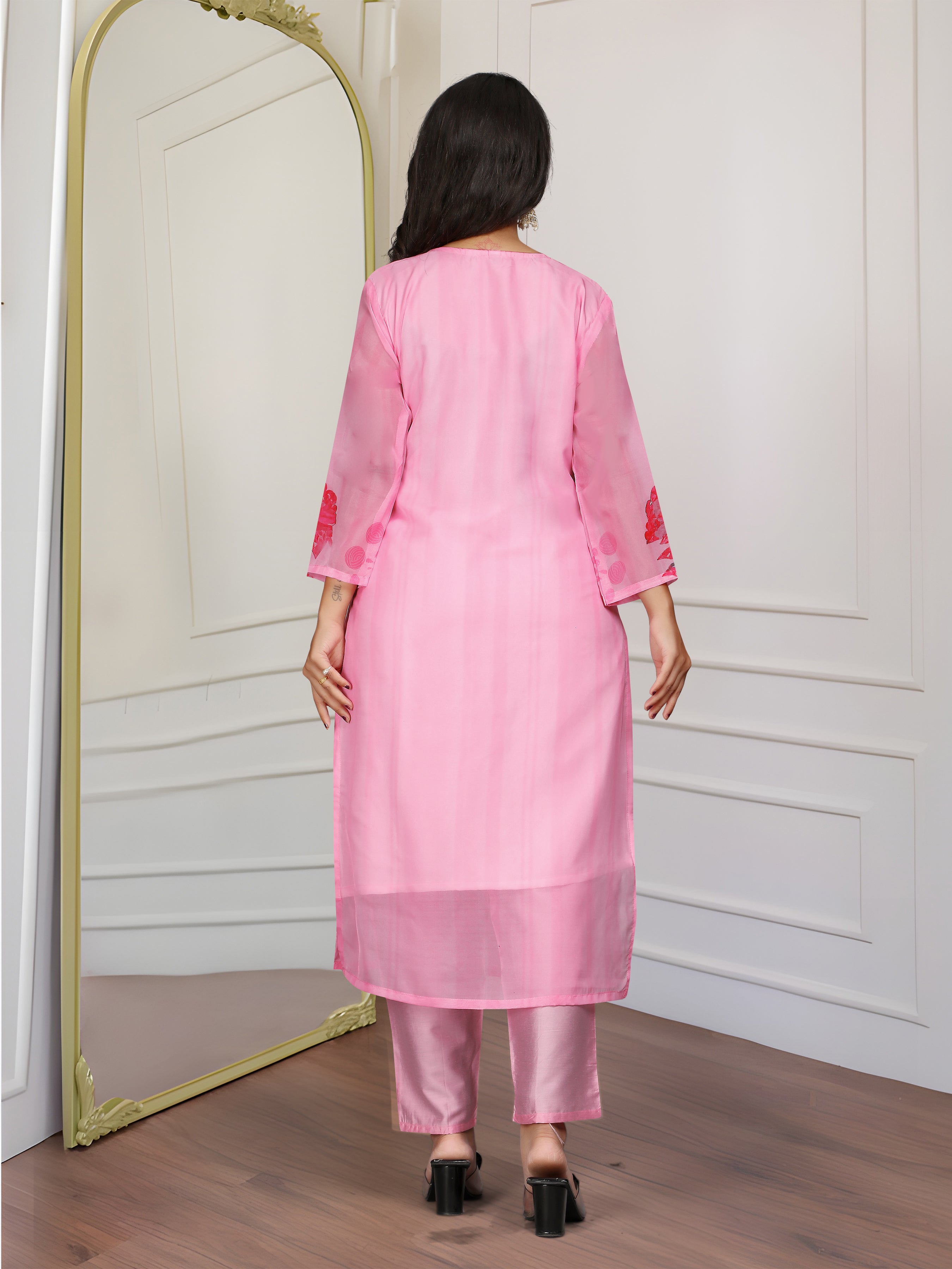 Elegant Pink Organza Embroidered Kurti Set with Floral Print Dupatta (3-Piece Set)