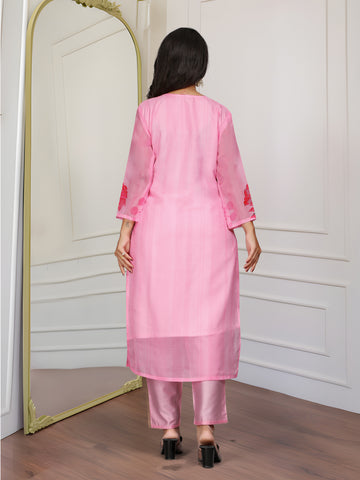 Elegant Pink Organza Embroidered Kurti Set with Floral Print Dupatta (3-Piece Set)