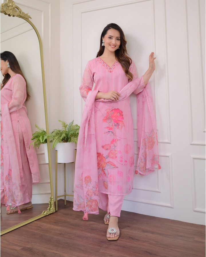 Elegant Pink Organza Embroidered Kurti Set with Floral Print Dupatta (3-Piece Set)