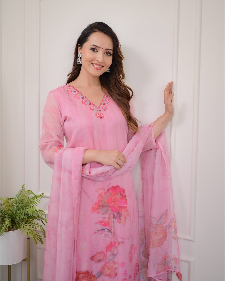 Elegant Pink Organza Embroidered Kurti Set with Floral Print Dupatta (3-Piece Set)
