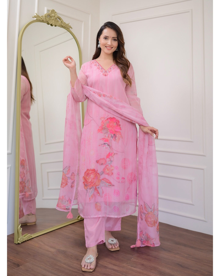 Elegant Pink Organza Embroidered Kurti Set with Floral Print Dupatta (3-Piece Set)