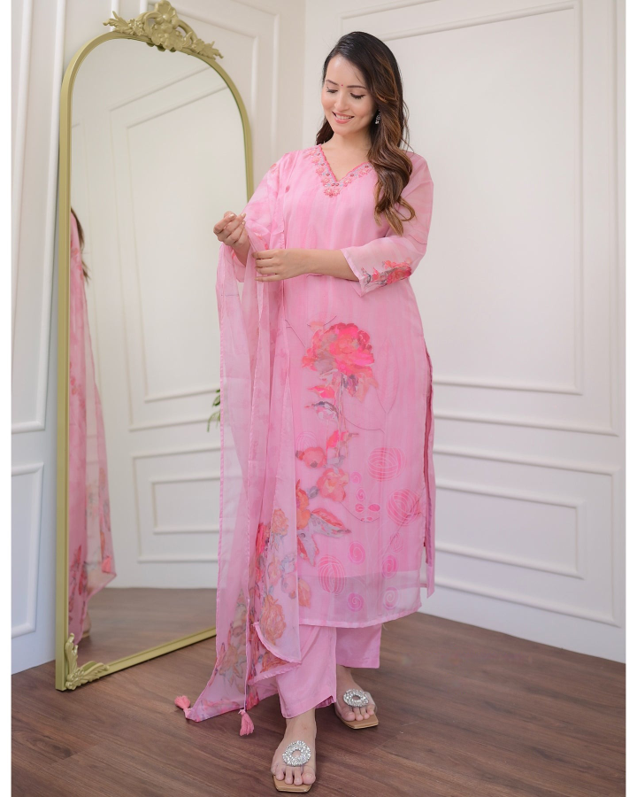 Elegant Pink Organza Embroidered Kurti Set with Floral Print Dupatta (3-Piece Set)