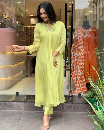 Elegant Lime Yellow Embroidered Viscose Chinon Kurti Set with Dupatta (3-Piece Set)