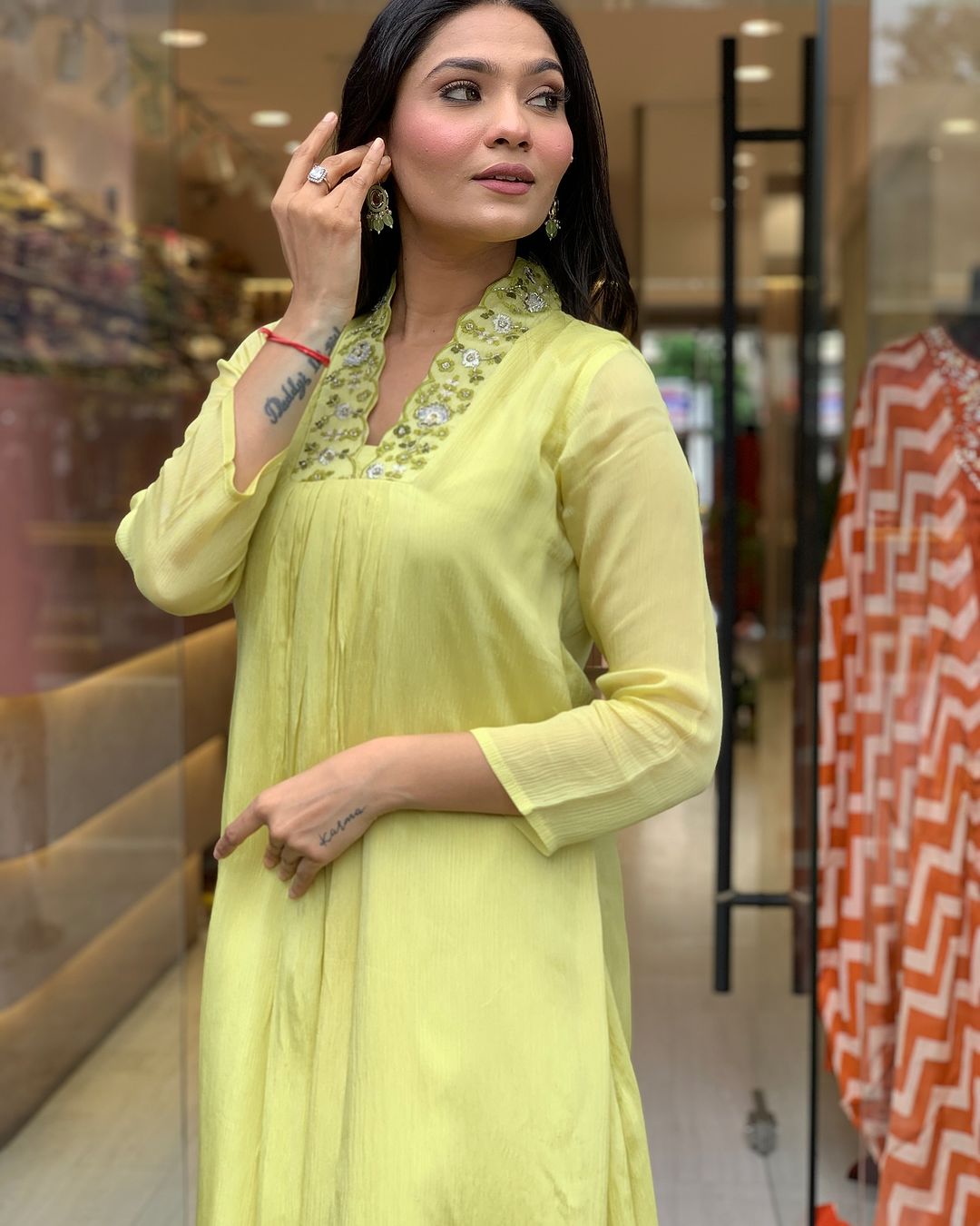 Elegant Lime Yellow Embroidered Viscose Chinon Kurti Set with Dupatta (3-Piece Set)
