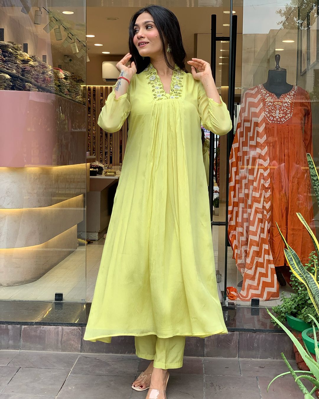 Elegant Lime Yellow Embroidered Viscose Chinon Kurti Set with Dupatta (3-Piece Set)