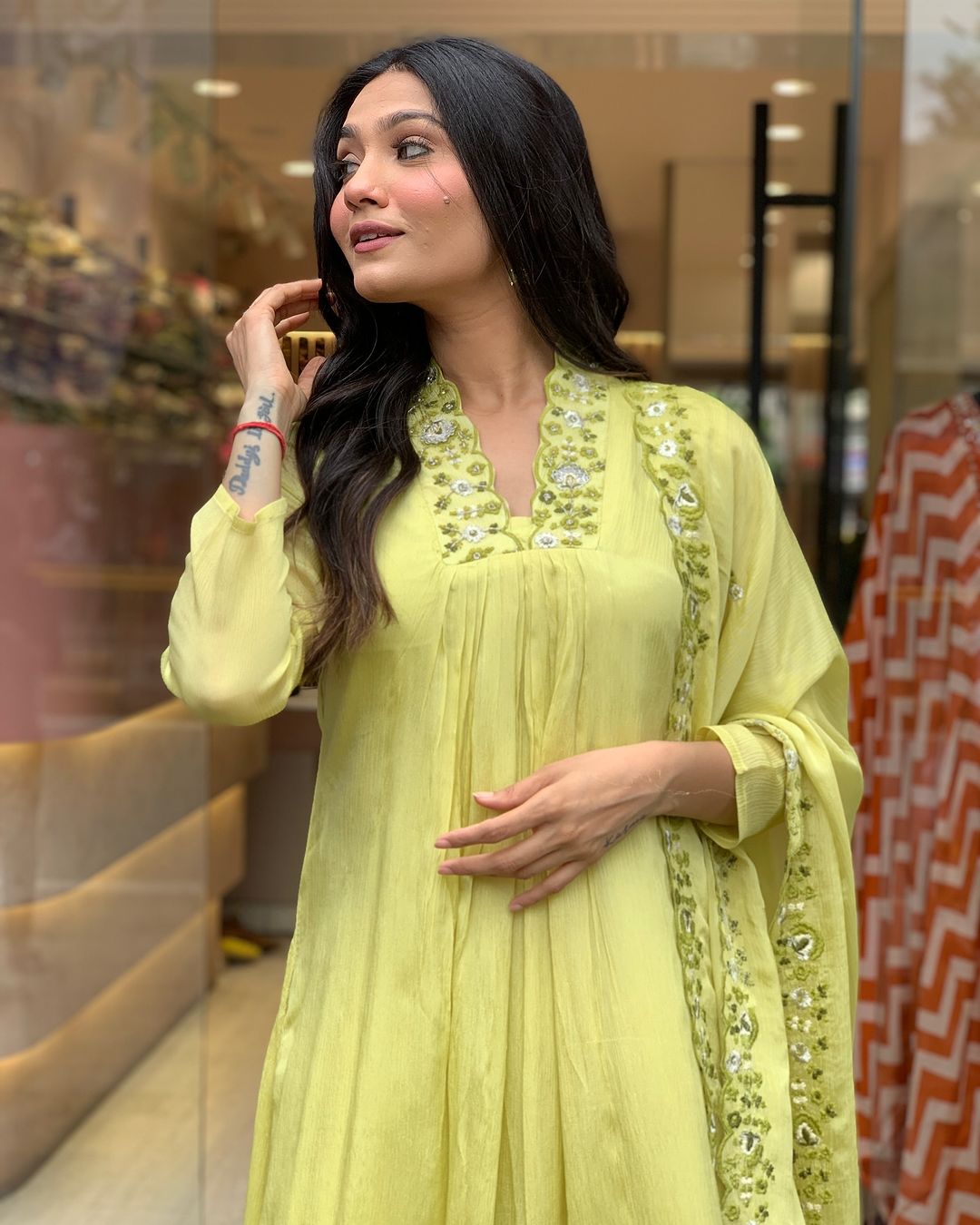 Elegant Lime Yellow Embroidered Viscose Chinon Kurti Set with Dupatta (3-Piece Set)