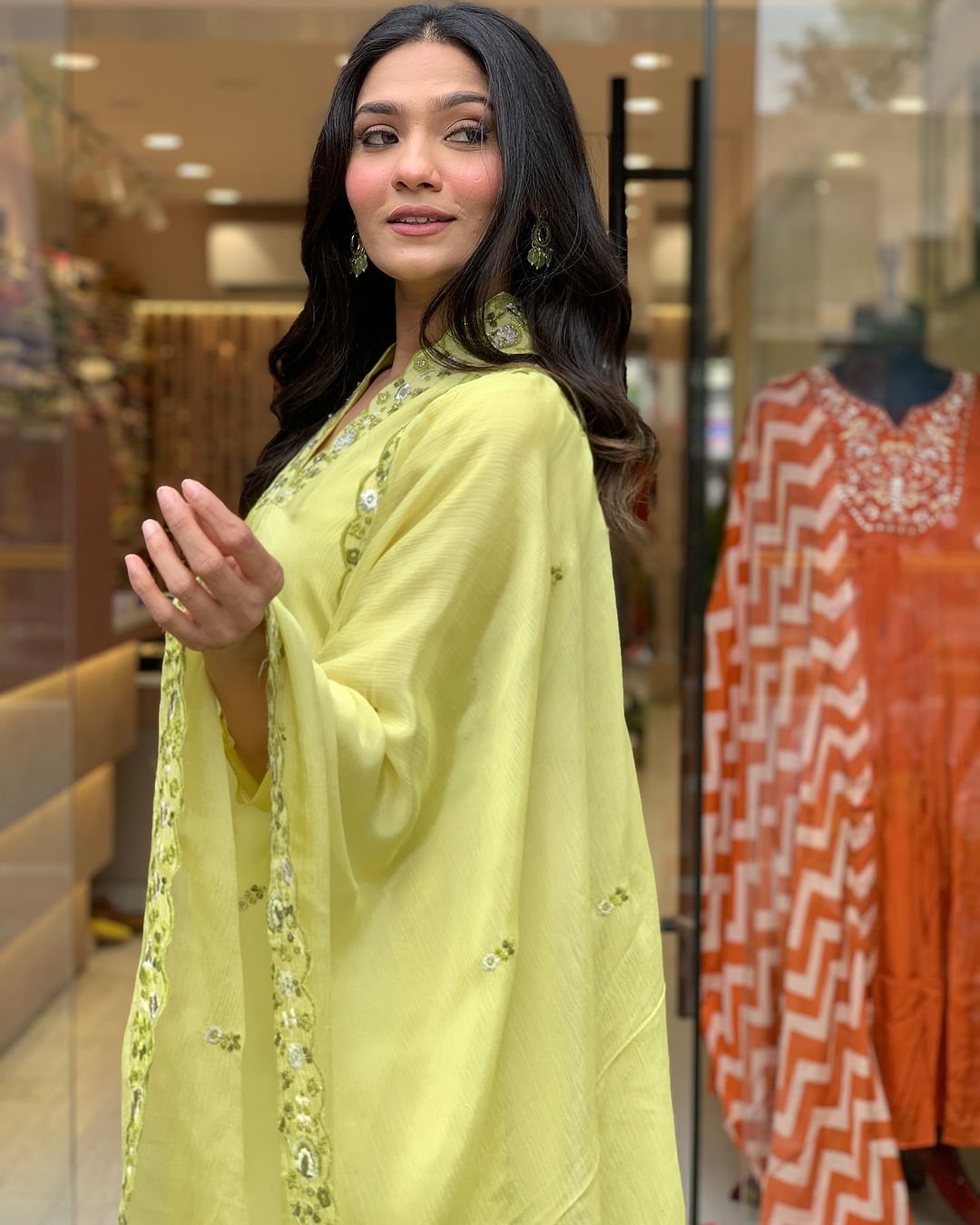 Elegant Lime Yellow Embroidered Viscose Chinon Kurti Set with Dupatta (3-Piece Set)