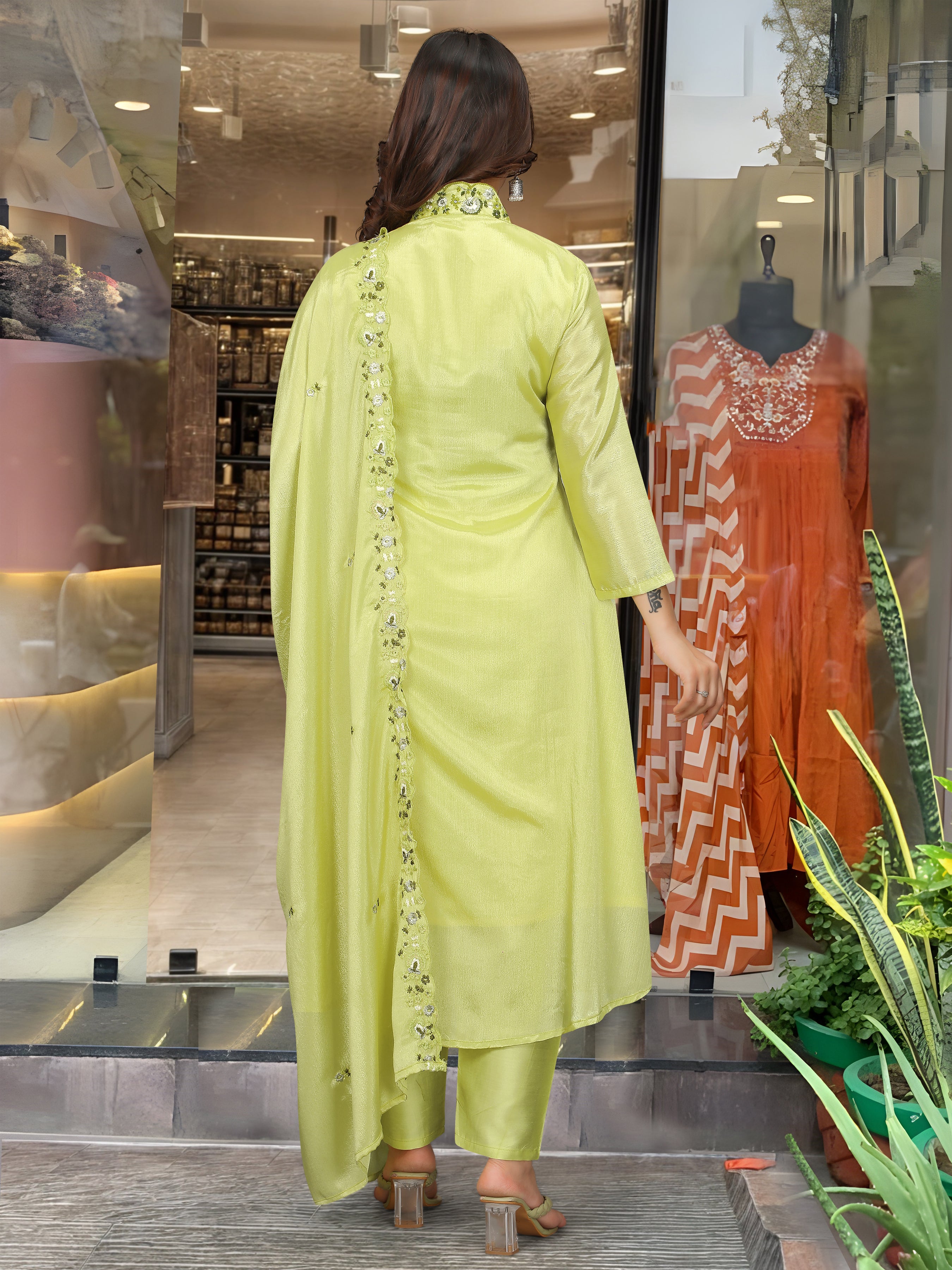Elegant Lime Yellow Embroidered Viscose Chinon Kurti Set with Dupatta (3-Piece Set)