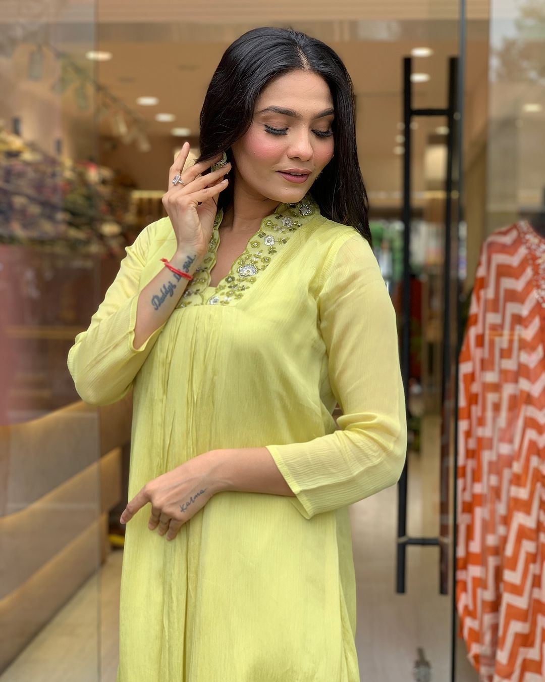 Elegant Lime Yellow Embroidered Viscose Chinon Kurti Set with Dupatta (3-Piece Set)