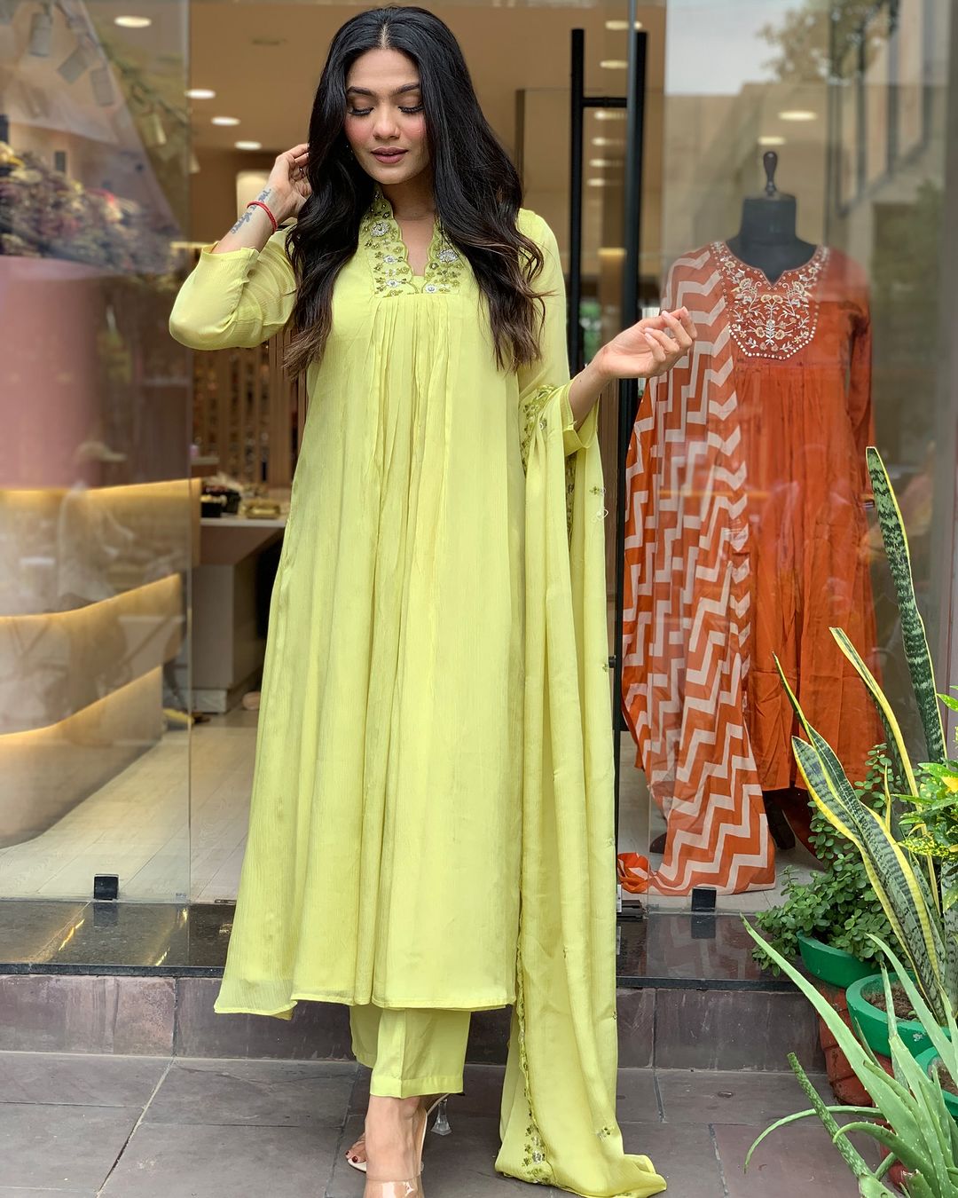 Elegant Lime Yellow Embroidered Viscose Chinon Kurti Set with Dupatta (3-Piece Set)