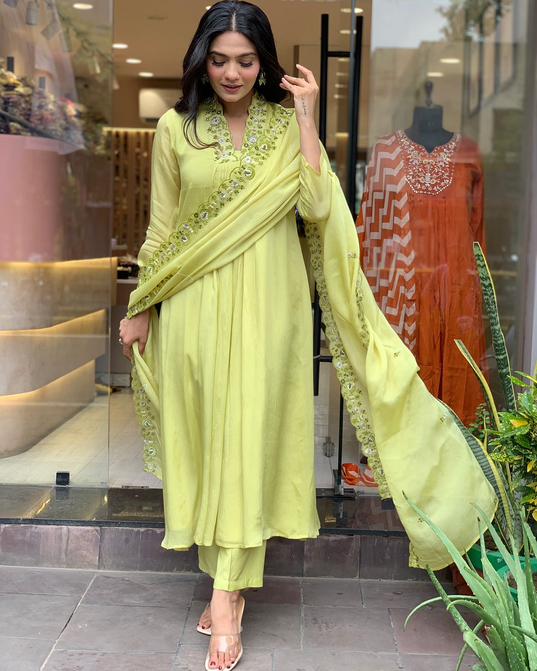 Elegant Lime Yellow Embroidered Viscose Chinon Kurti Set with Dupatta (3-Piece Set)