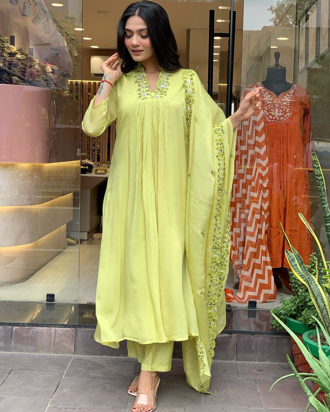 Elegant Lime Yellow Embroidered Viscose Chinon Kurti Set with Dupatta (3-Piece Set)