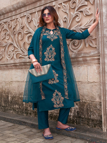 Elegant Teal Embroidered Rayon Slub Kurti Set with Organza Dupatta | Festive & Party Wear