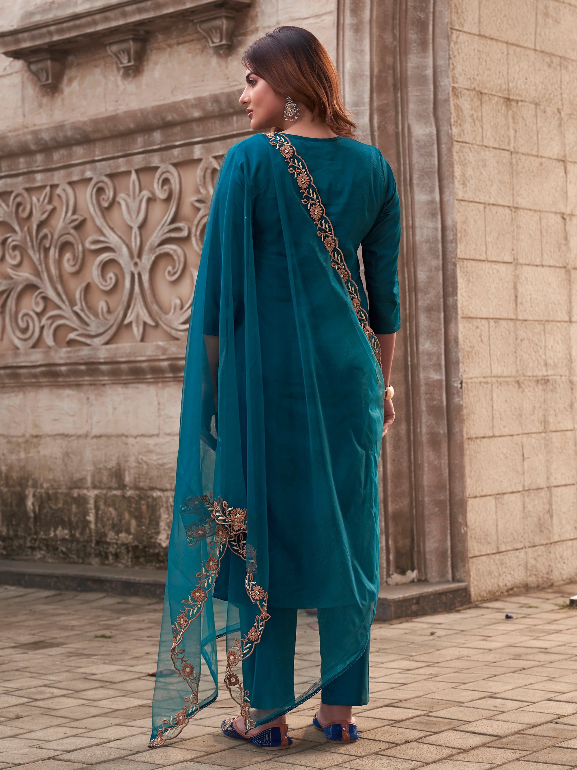 Elegant Teal Embroidered Rayon Slub Kurti Set with Organza Dupatta | Festive & Party Wear