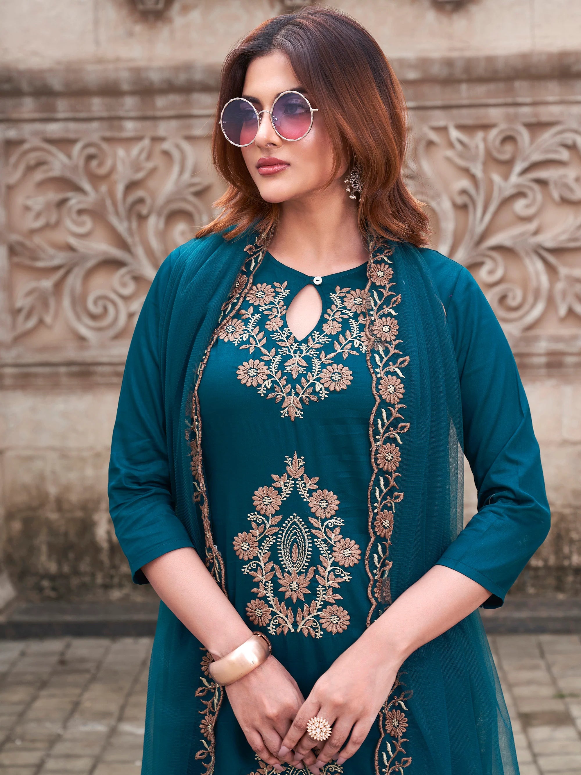 Elegant Teal Embroidered Rayon Slub Kurti Set with Organza Dupatta | Festive & Party Wear