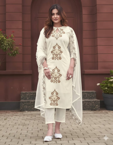 Elegant Ivory Rayon Slub Embroidered Kurti Set with Organza Dupatta | Festive & Ethnic Wear (S–XXL)