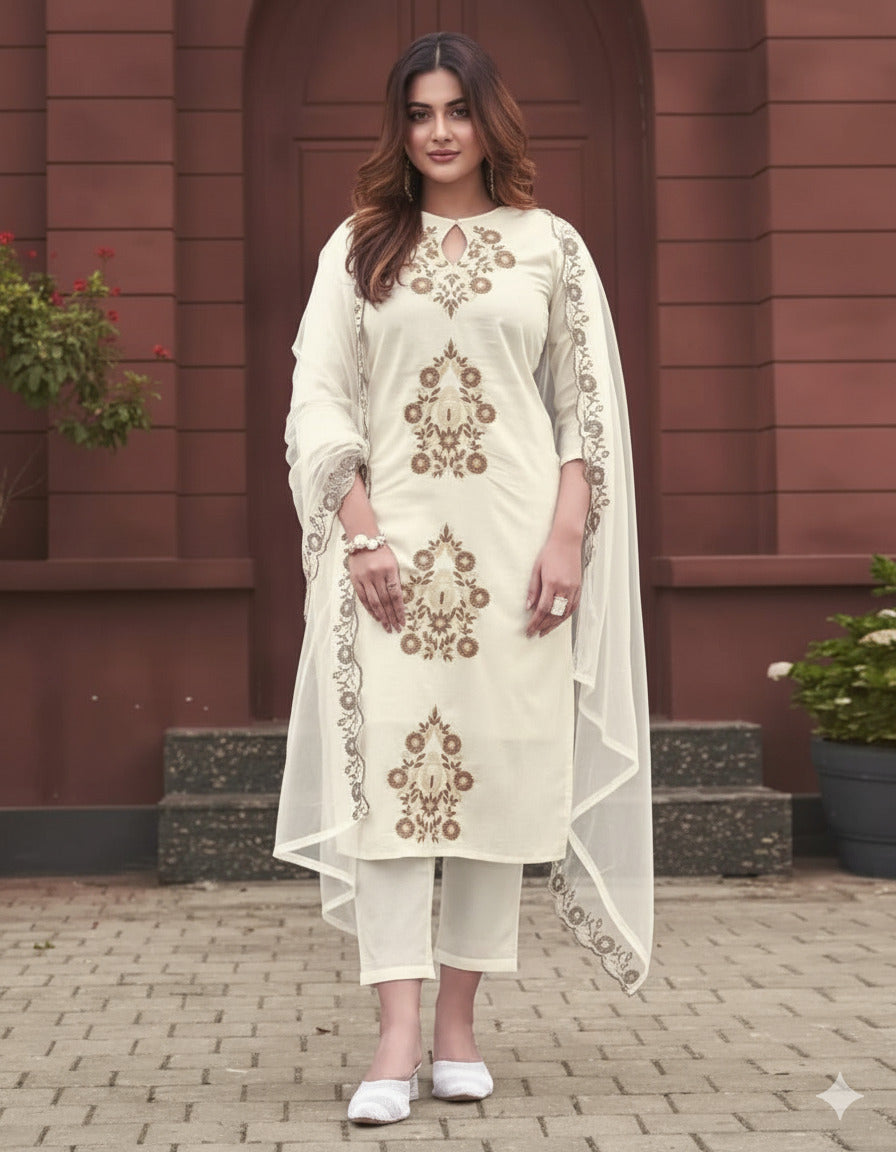 Elegant Ivory Rayon Slub Embroidered Kurti Set with Organza Dupatta | Festive & Ethnic Wear (S–XXL)
