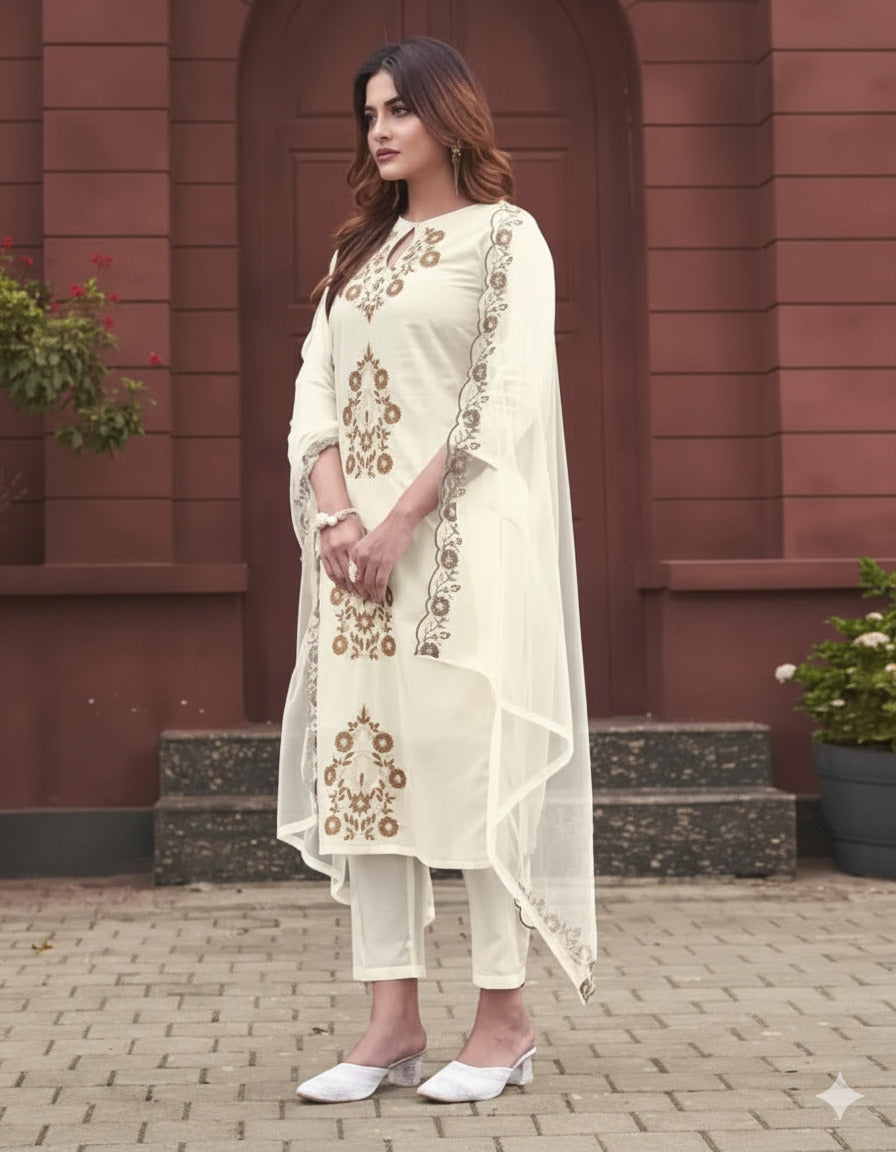 Elegant Ivory Rayon Slub Embroidered Kurti Set with Organza Dupatta | Festive & Ethnic Wear (S–XXL)