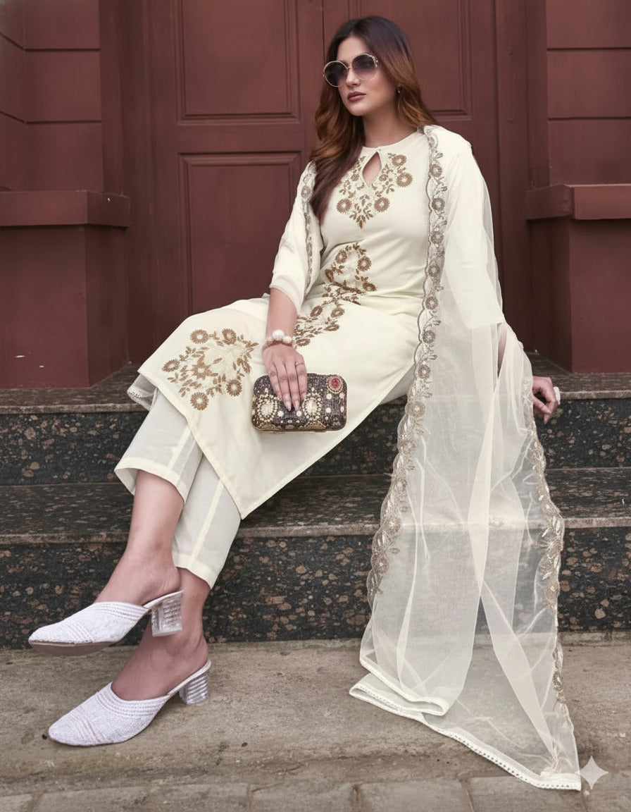 Elegant Ivory Rayon Slub Embroidered Kurti Set with Organza Dupatta | Festive & Ethnic Wear (S–XXL)