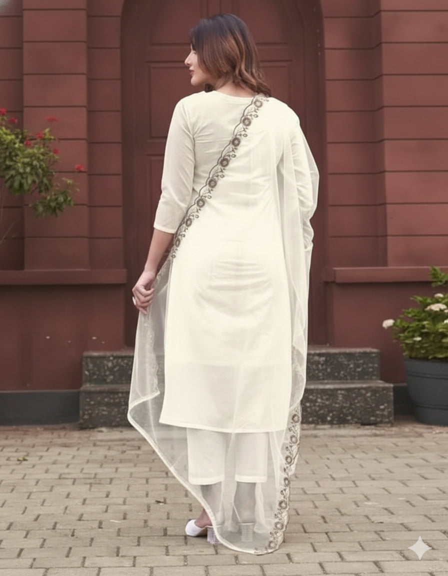 Elegant Ivory Rayon Slub Embroidered Kurti Set with Organza Dupatta | Festive & Ethnic Wear (S–XXL)
