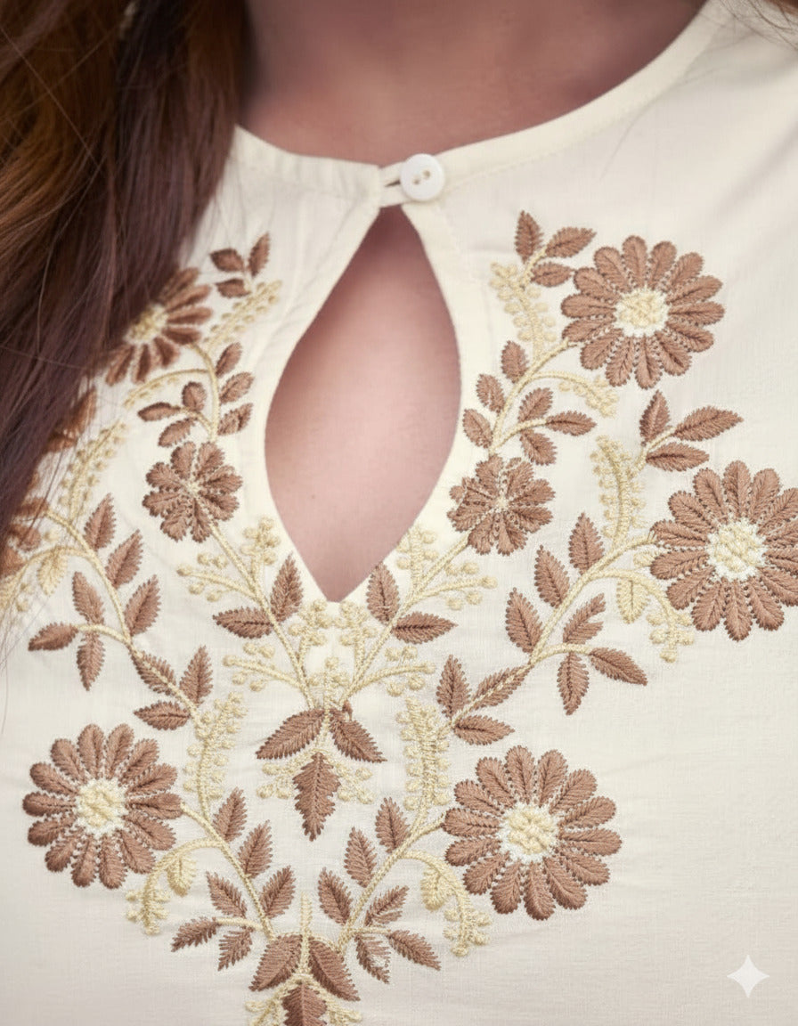 Elegant Ivory Rayon Slub Embroidered Kurti Set with Organza Dupatta | Festive & Ethnic Wear (S–XXL)