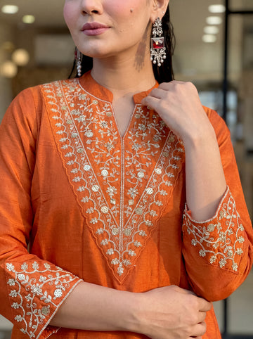 Elegant Orange Vichitra Silk Embroidered Kurti Set with Gota Patti Work | Festive Wear 3-Piece Suit (S–XXL)