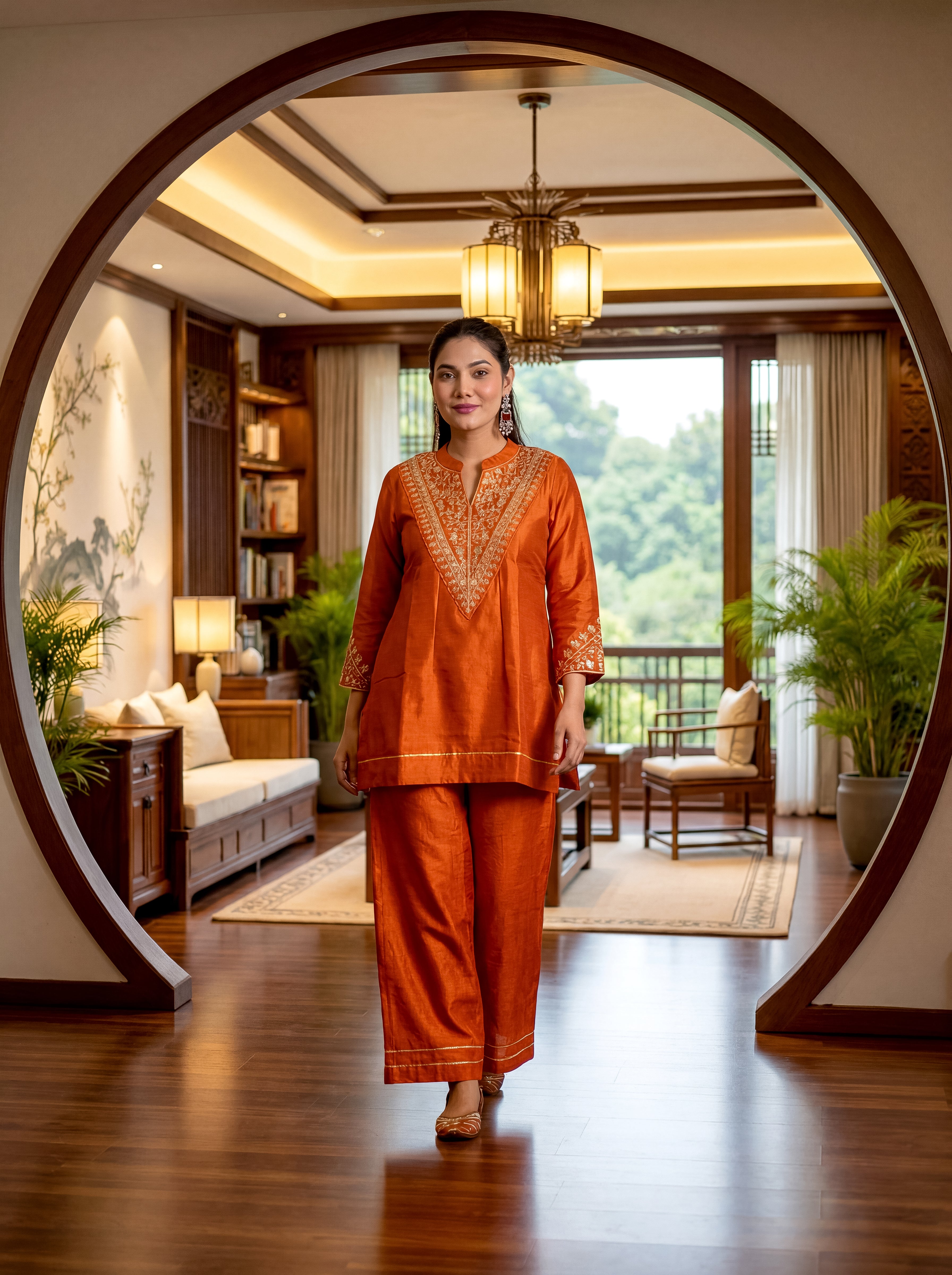 Elegant Orange Vichitra Silk Embroidered Kurti Set with Gota Patti Work | Festive Wear 3-Piece Suit (S–XXL)