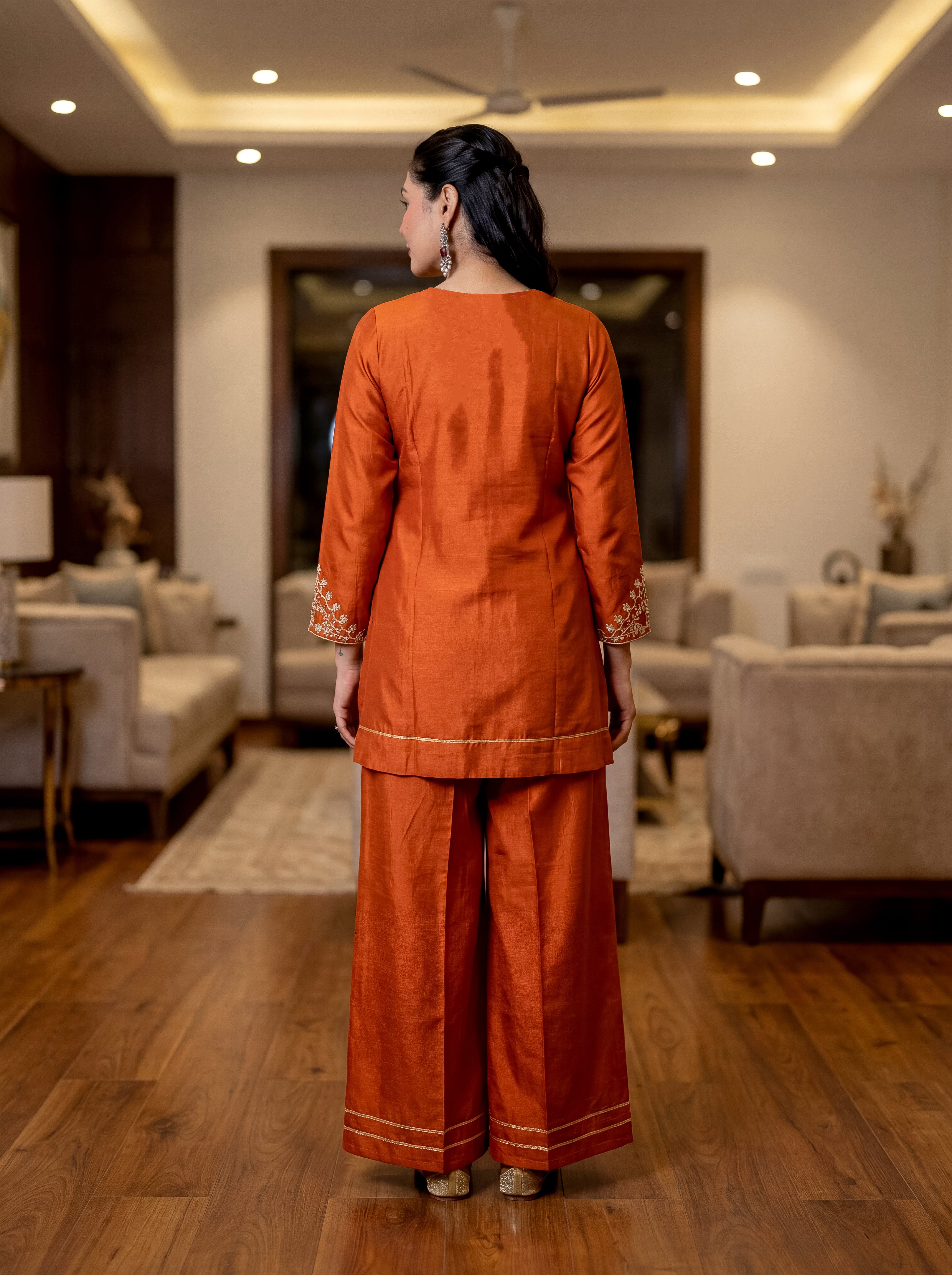 Elegant Orange Vichitra Silk Embroidered Kurti Set with Gota Patti Work | Festive Wear 3-Piece Suit (S–XXL)