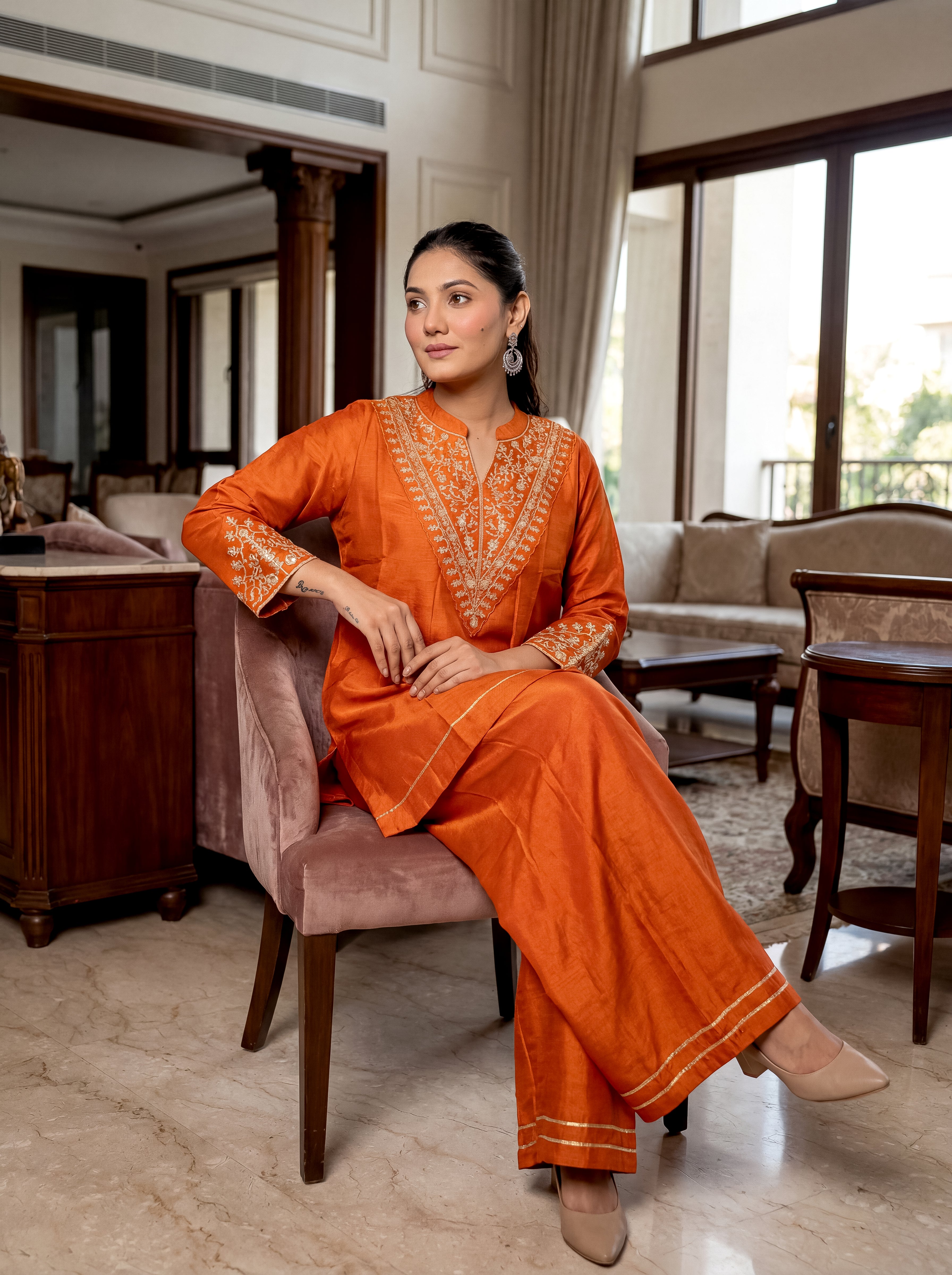 Elegant Orange Vichitra Silk Embroidered Kurti Set with Gota Patti Work | Festive Wear 3-Piece Suit (S–XXL)