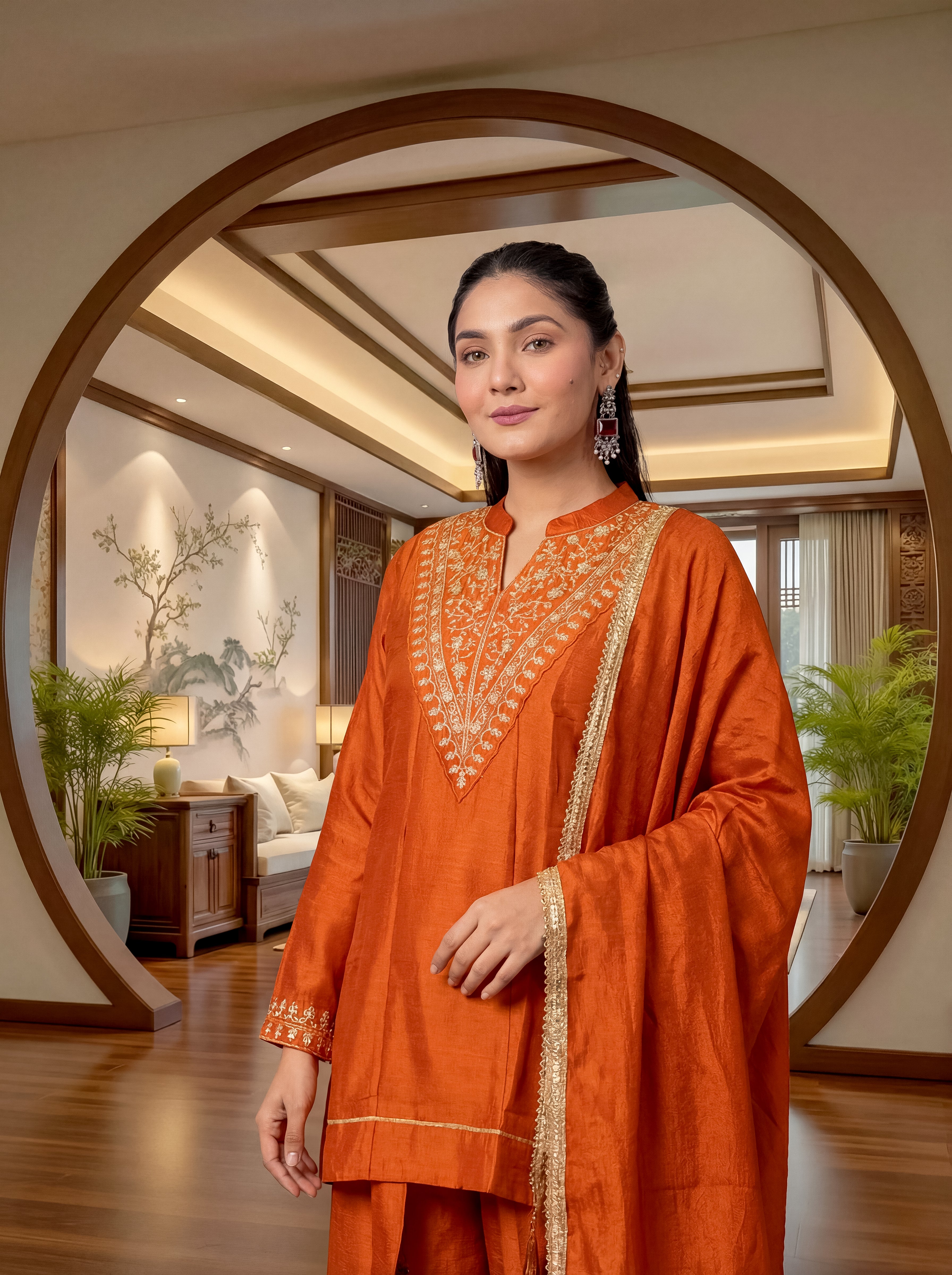 Elegant Orange Vichitra Silk Embroidered Kurti Set with Gota Patti Work | Festive Wear 3-Piece Suit (S–XXL)