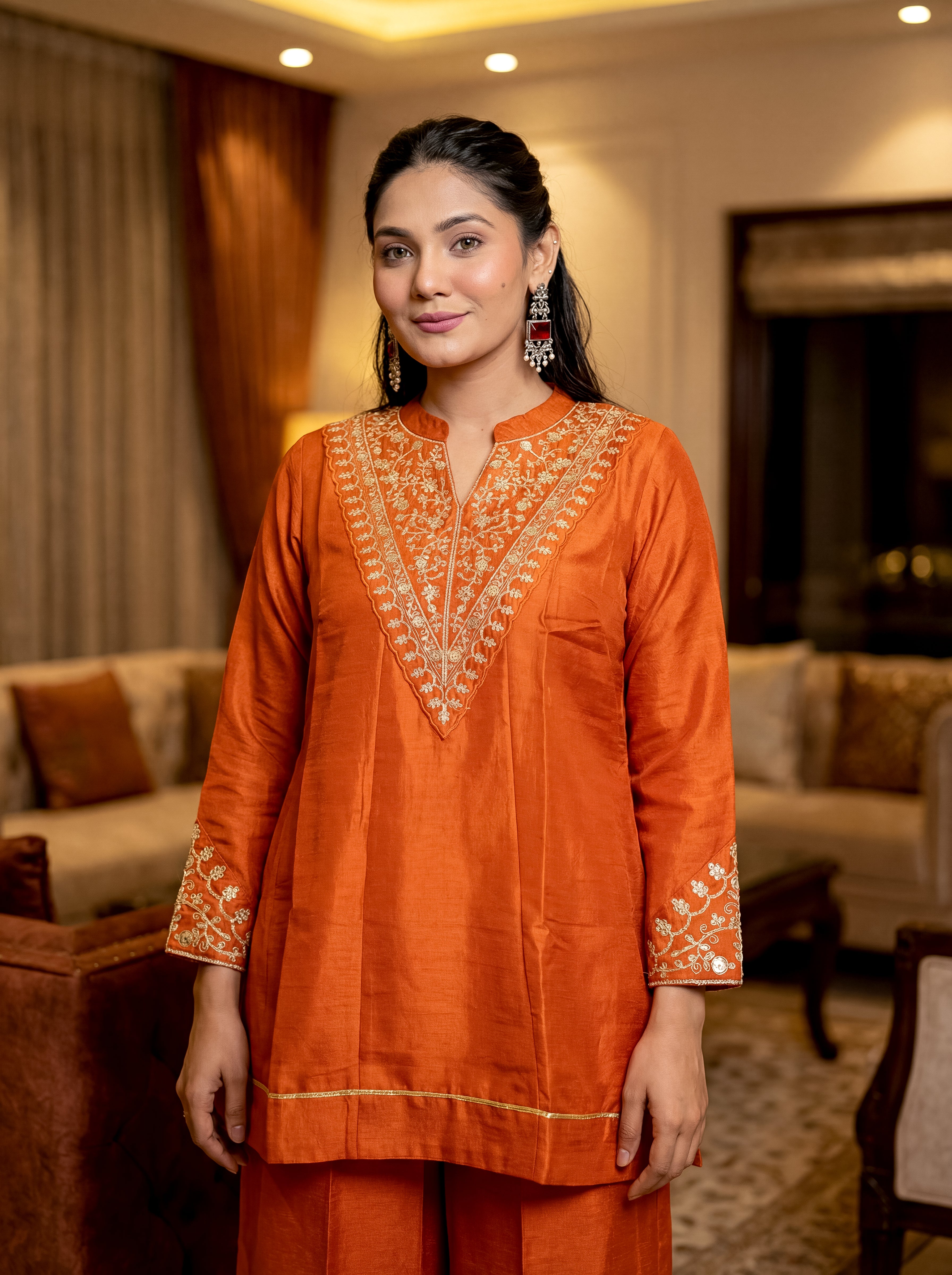 Elegant Orange Vichitra Silk Embroidered Kurti Set with Gota Patti Work | Festive Wear 3-Piece Suit (S–XXL)
