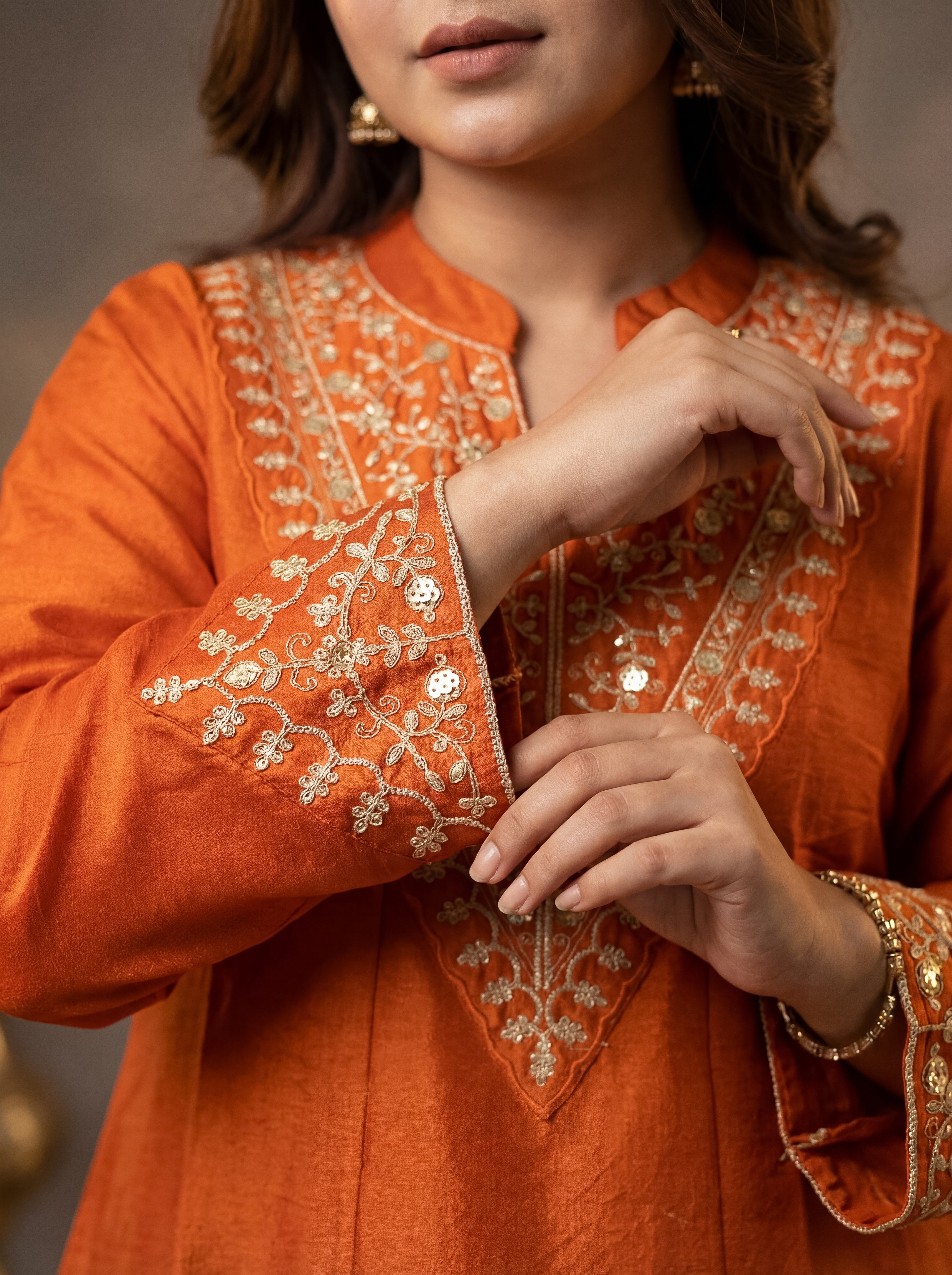 Elegant Orange Vichitra Silk Embroidered Kurti Set with Gota Patti Work | Festive Wear 3-Piece Suit (S–XXL)