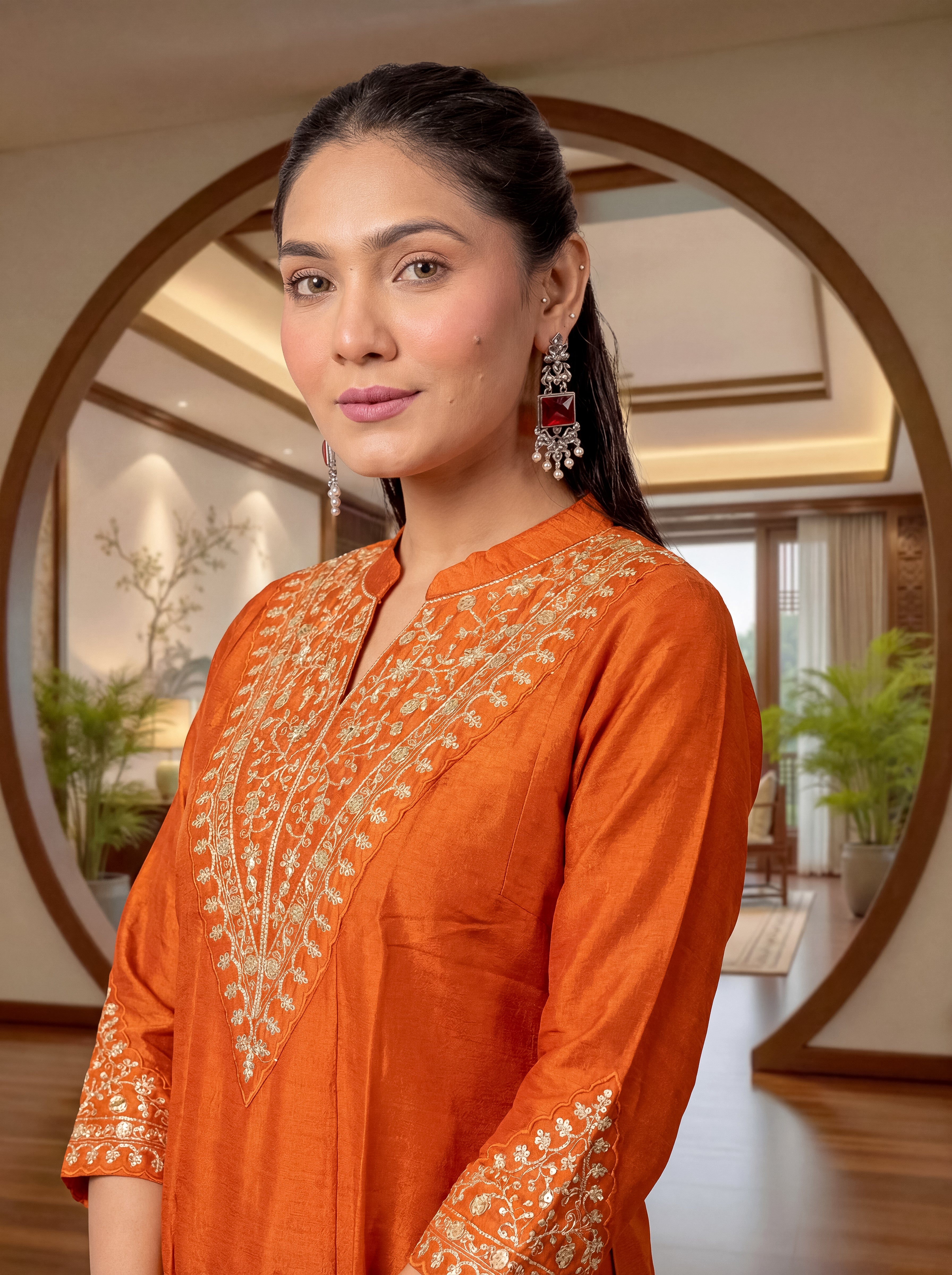 Elegant Orange Vichitra Silk Embroidered Kurti Set with Gota Patti Work | Festive Wear 3-Piece Suit (S–XXL)